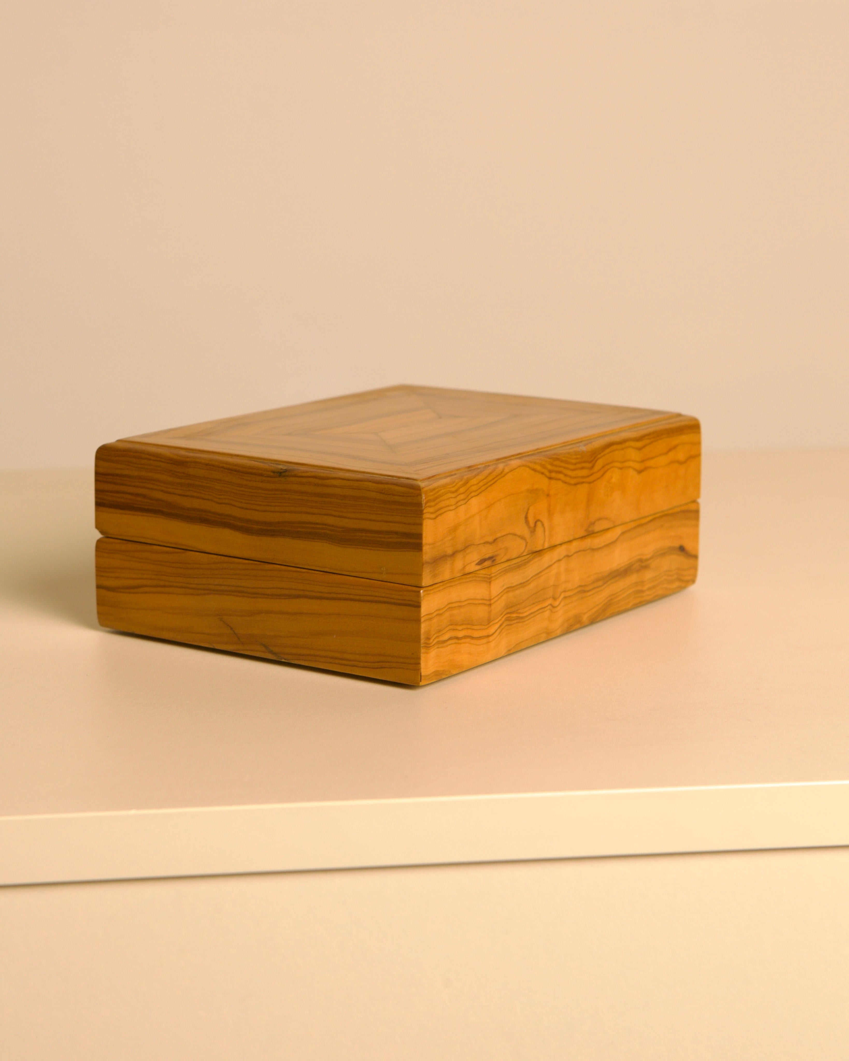 Italian wolid olive wood box with cream velvet Interior 1980's — alternate view