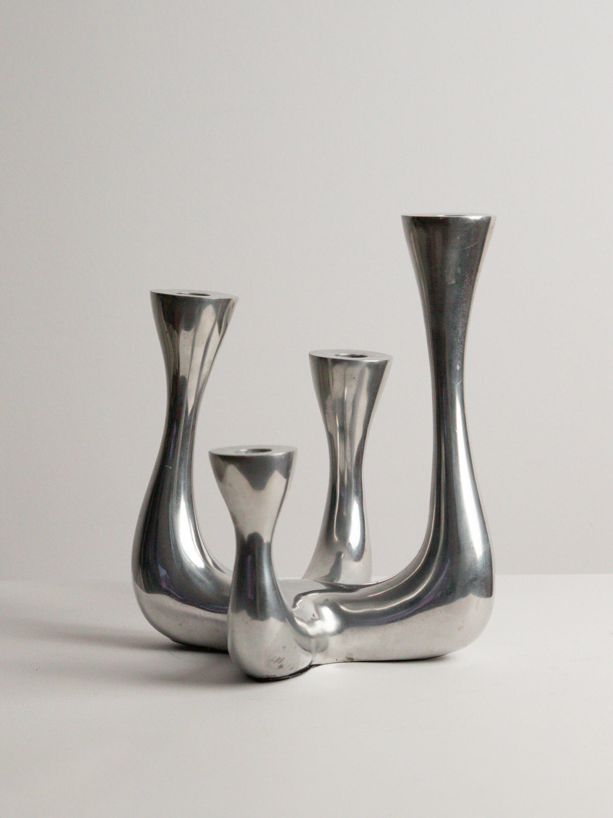 Organic Modern Four-Arm Candelabra in Polished Cast Aluminium, Swan Neck Arms, Northern European 1980s — in context