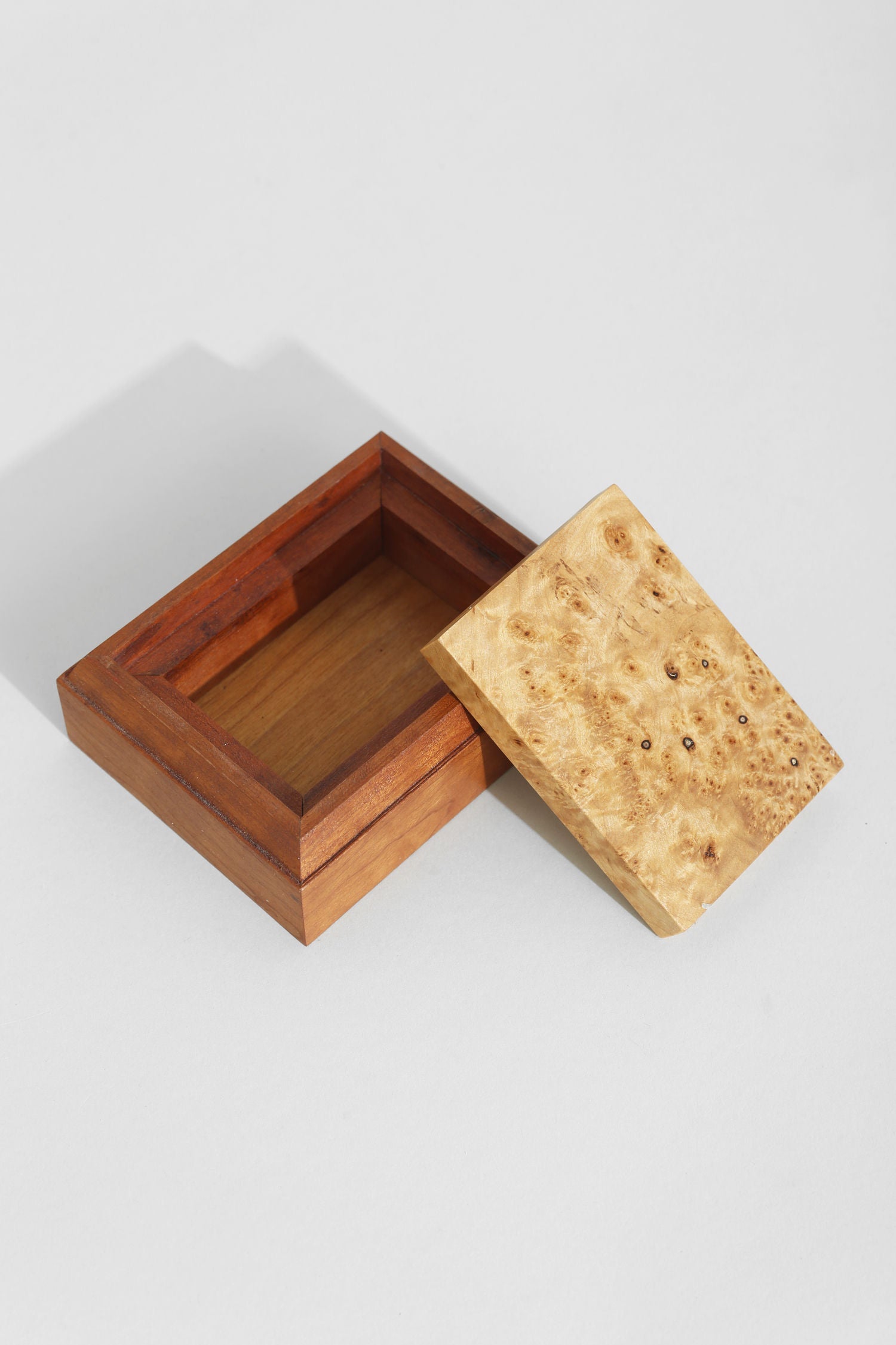 Burl Wood Jewelry Box — side angle showing open lid and interior