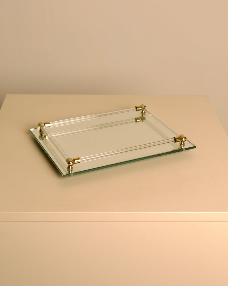Italian mirror glass, lucite & brass tray, 1970s by Treaptyque | The Oblist
