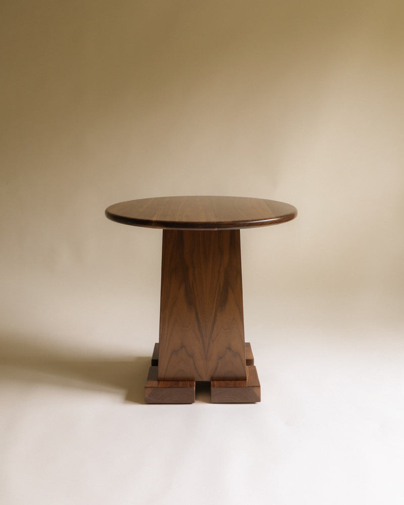 Roscoff Side Table — close-up of round walnut top and base