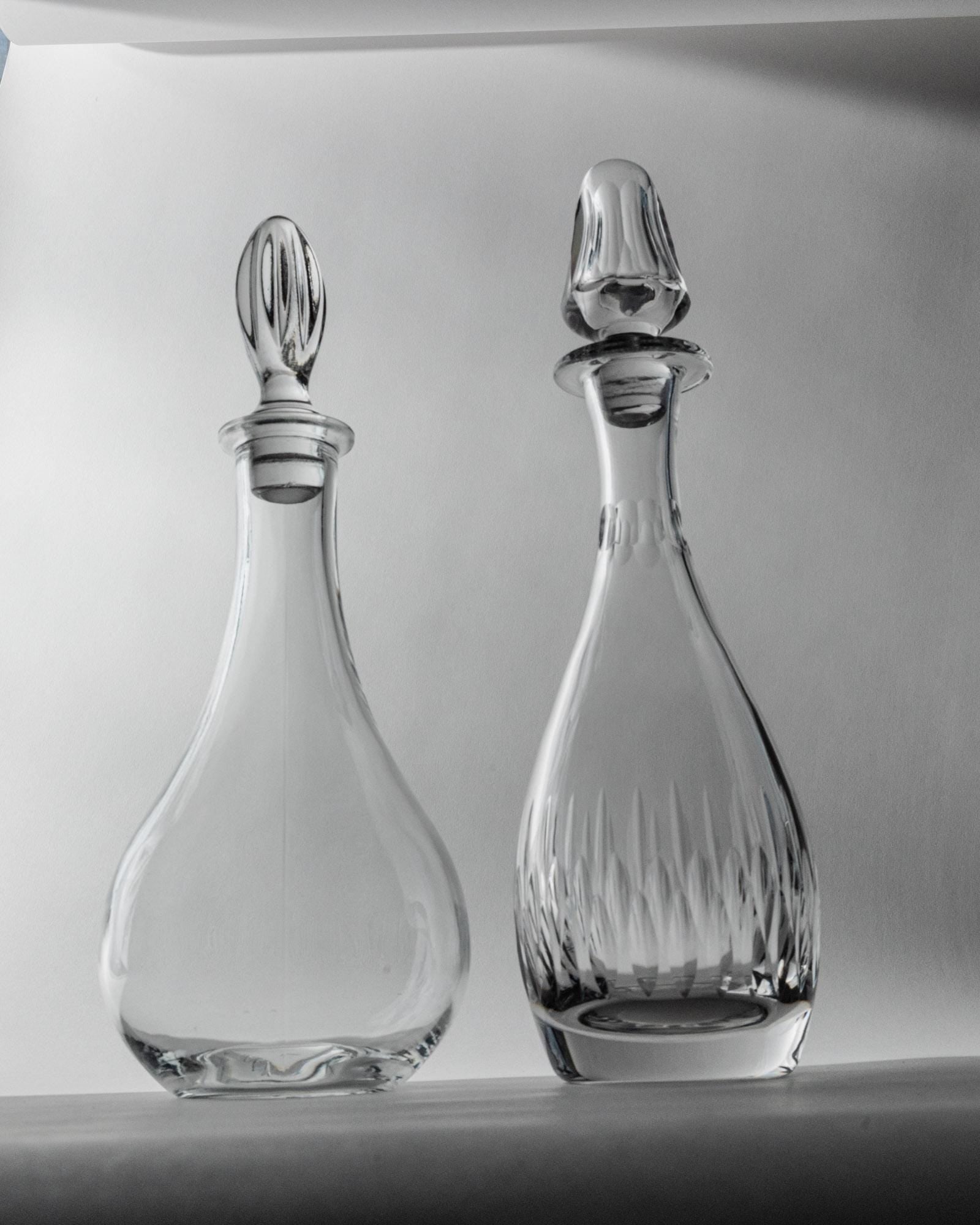 Vintage 1980s Glass Decanter Set of 2 — side view highlighting clear glass design