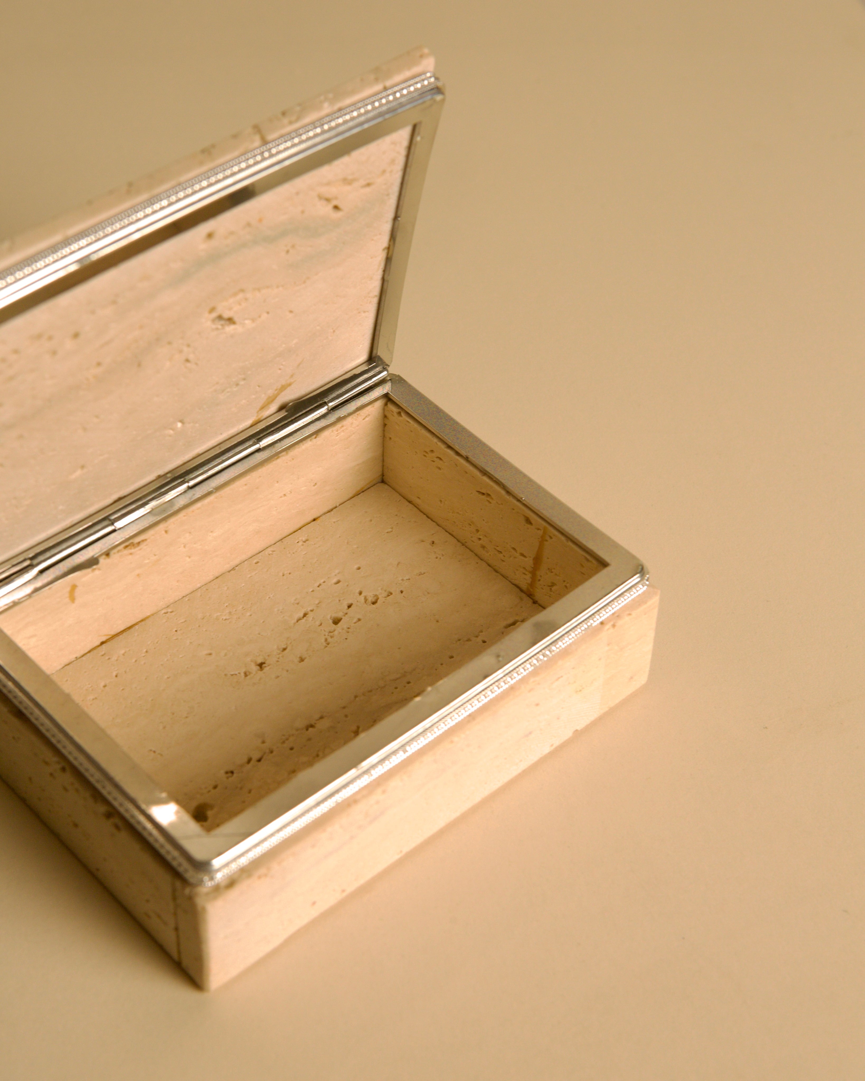 Italian Travertine Box, 60s — angled view with open lid on neutral background