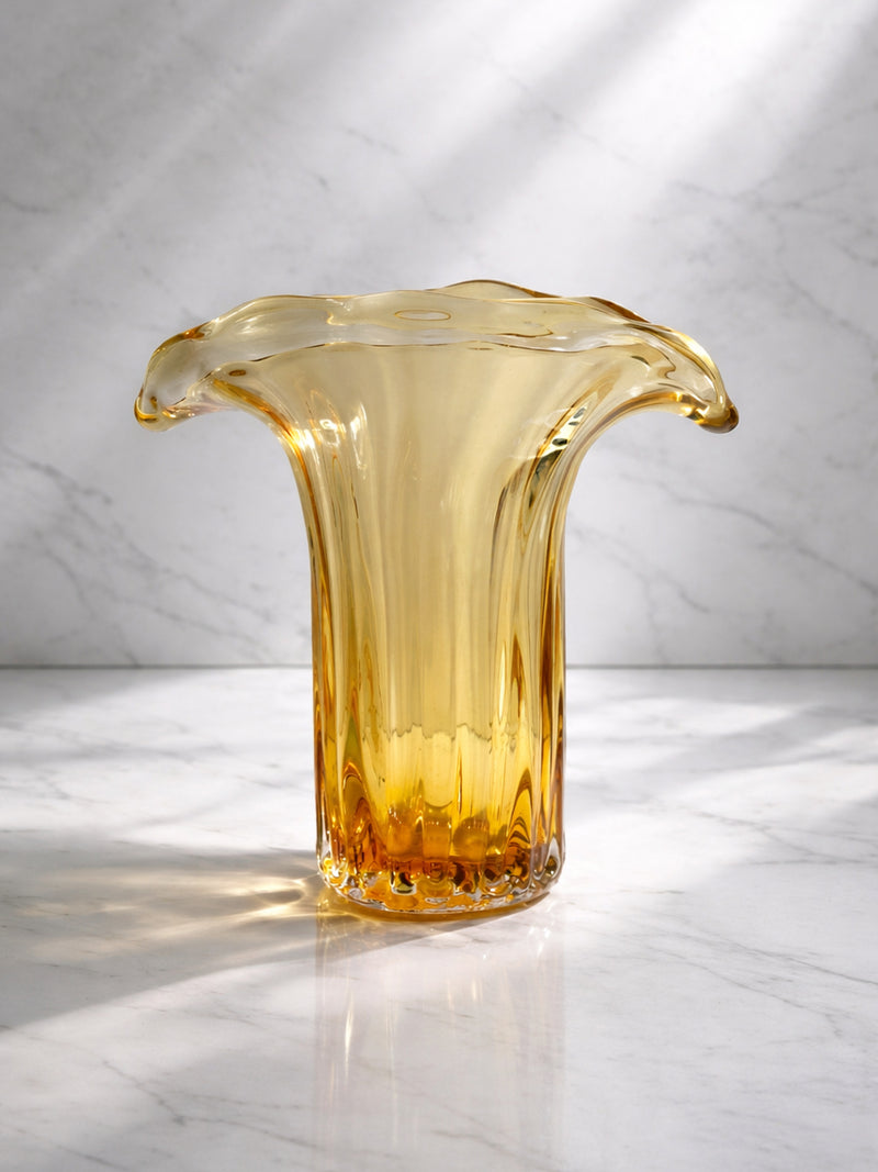 Amber Murano Tulip Vase - 1970s — close-up of amber glass texture