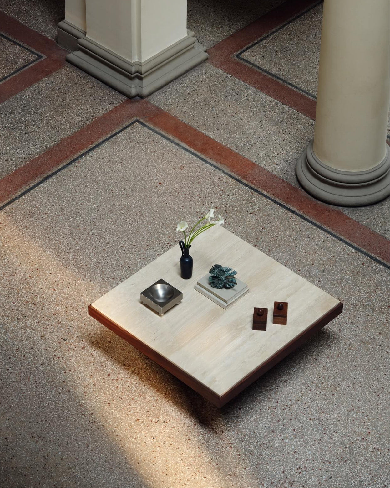 Sofa Table 01 Walnut Wood and Travertine — top view in modern interior setting