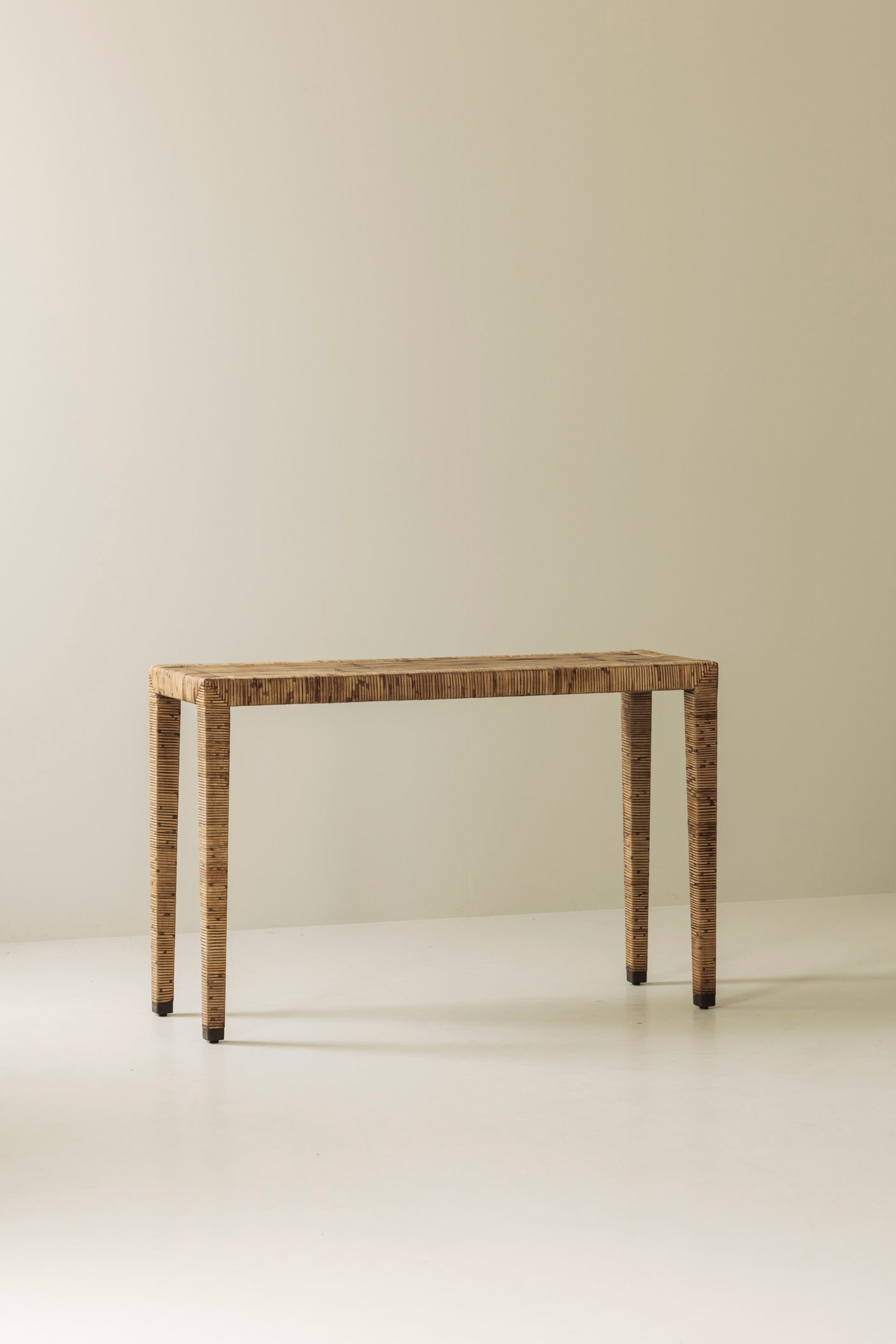 Exceptional French Rattan Wrapped Console Table, 1970s — detail view