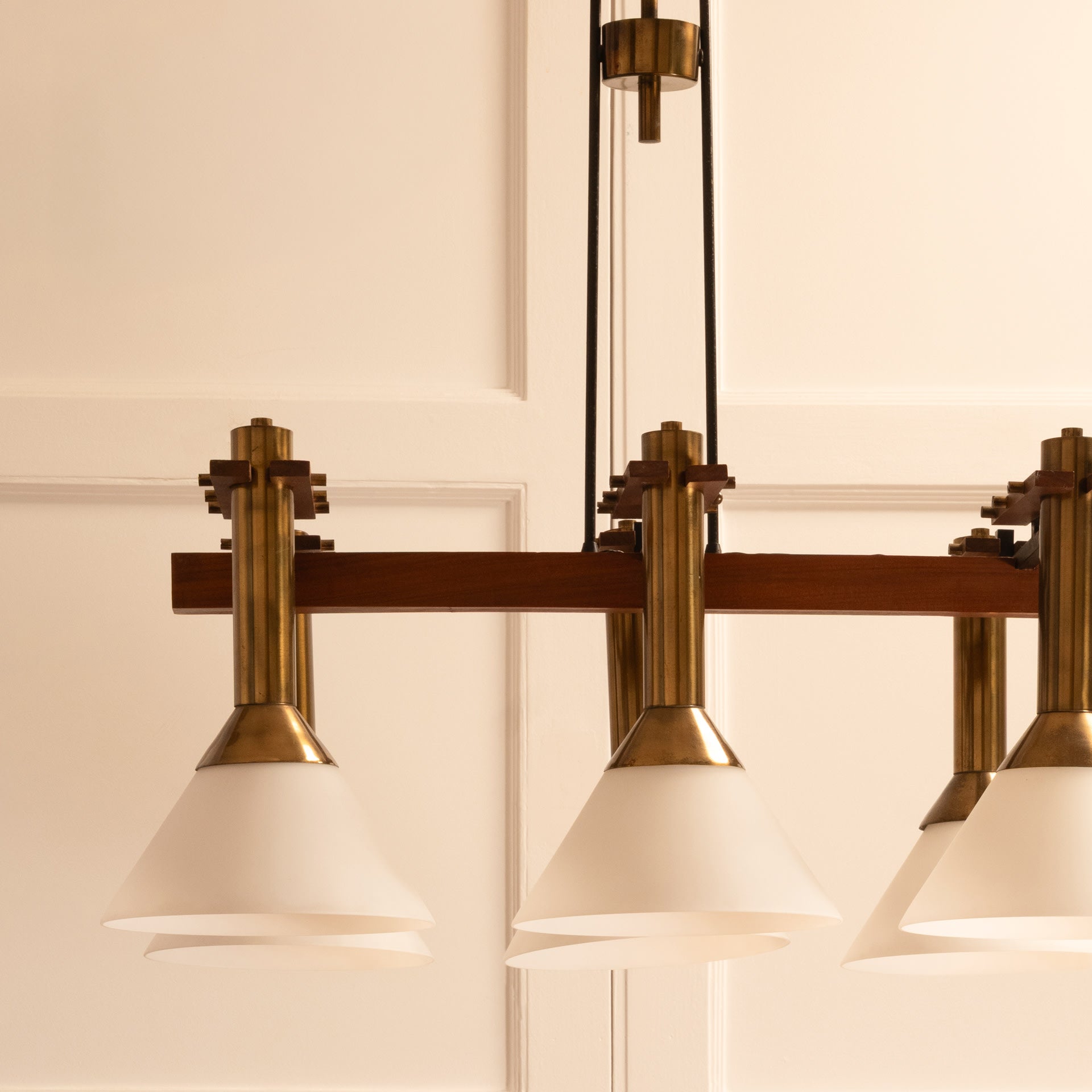 Six-light pendant lamp — back view showing brass and wood details
