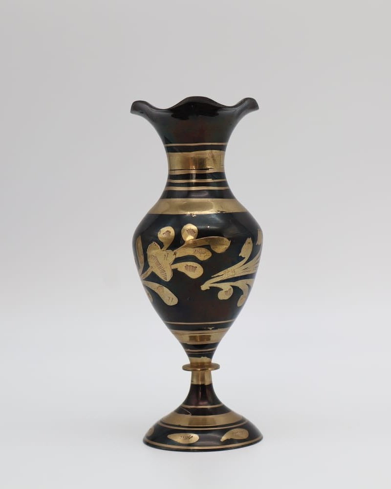 Mid-Century Hand-Etched Brass & Black Lacquered Vase (1970) by Forma Finds | The Oblist