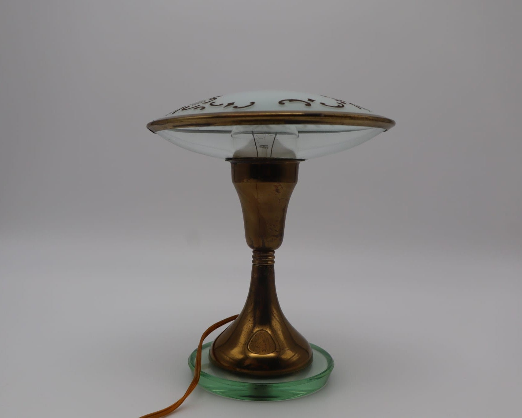 Italian Small Table Lamp, Brass, Glass, Italy, 1940s — side view highlighting brass base and glass shade
