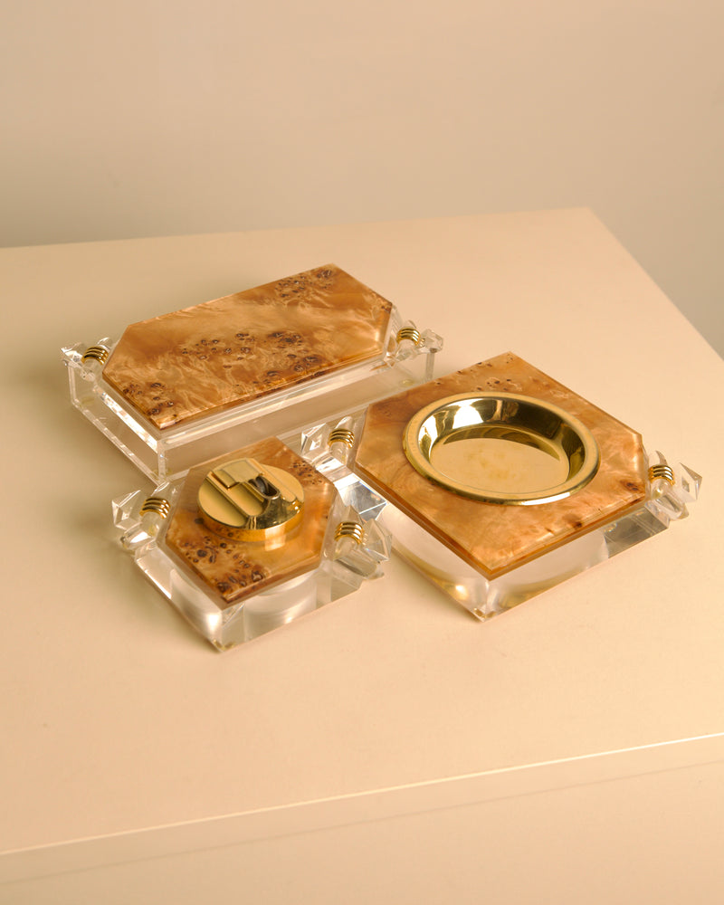 Italian 70s desk set for smokers in wood, plexiglass, and brass by Treaptyque | The Oblist
