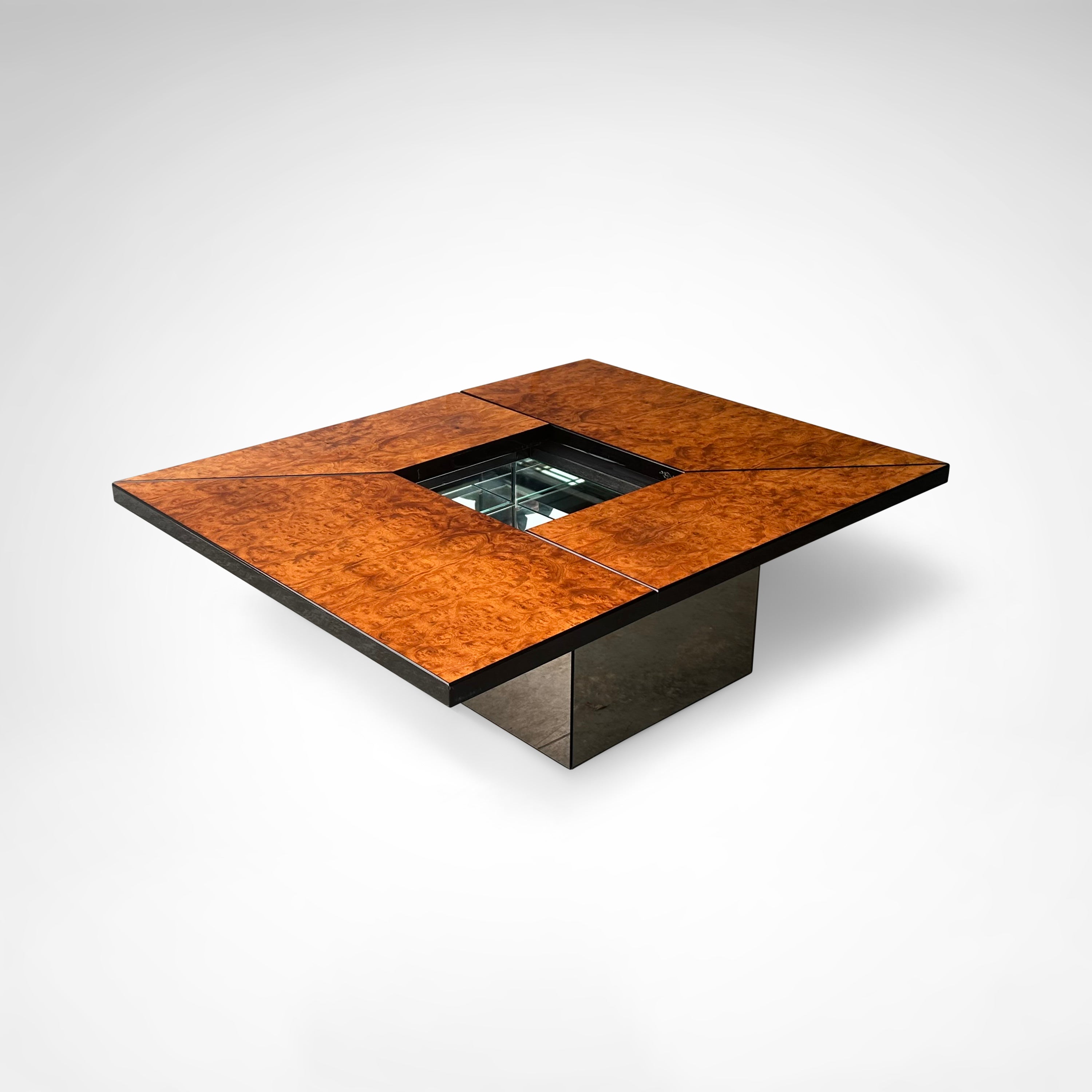 Burl wood coffee table with bar by Paul Michel for Roche Bobois 1980s — side angle showing glass insert and polished base