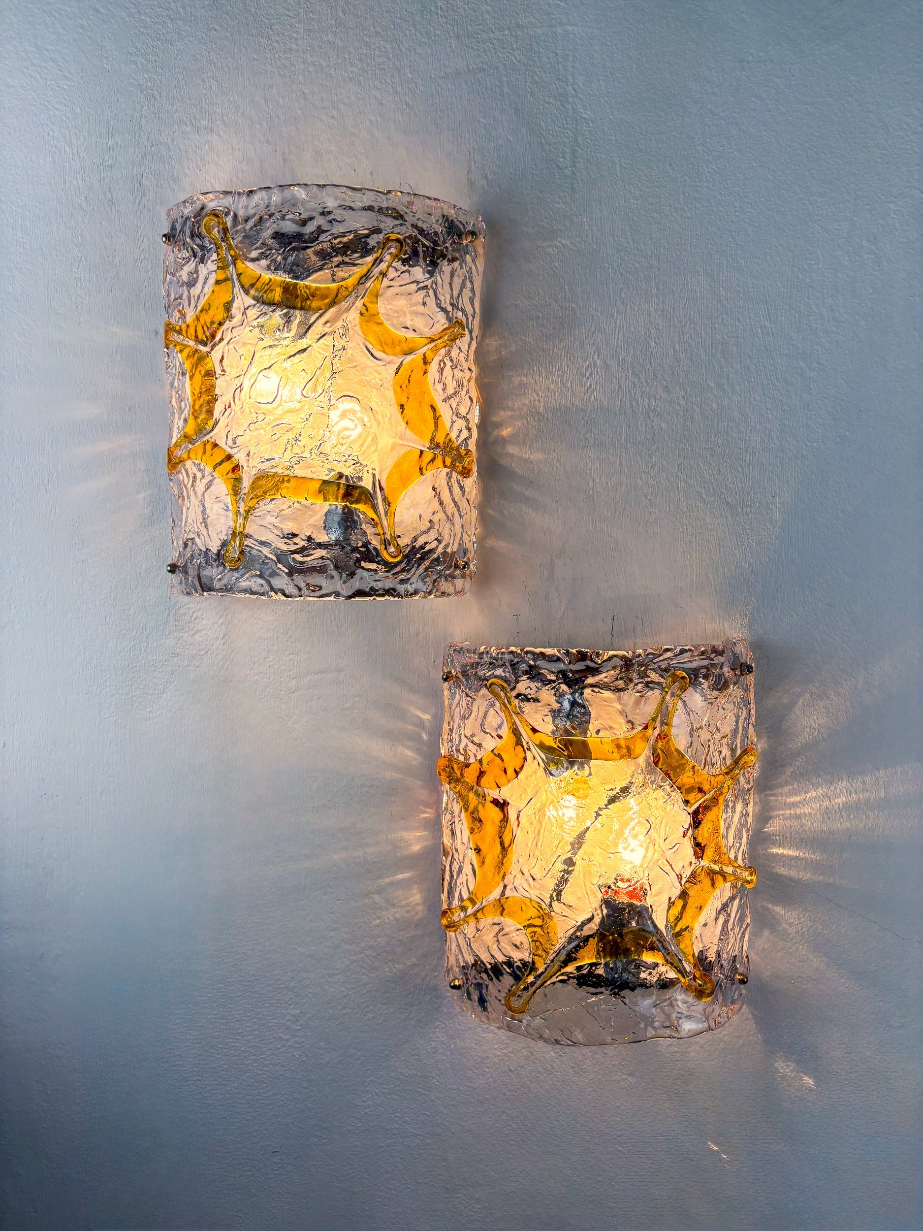 Pair of Mazzega Murano Wall Lights, Orange Frosted Textured Glass, Italy, 1970s — close-up