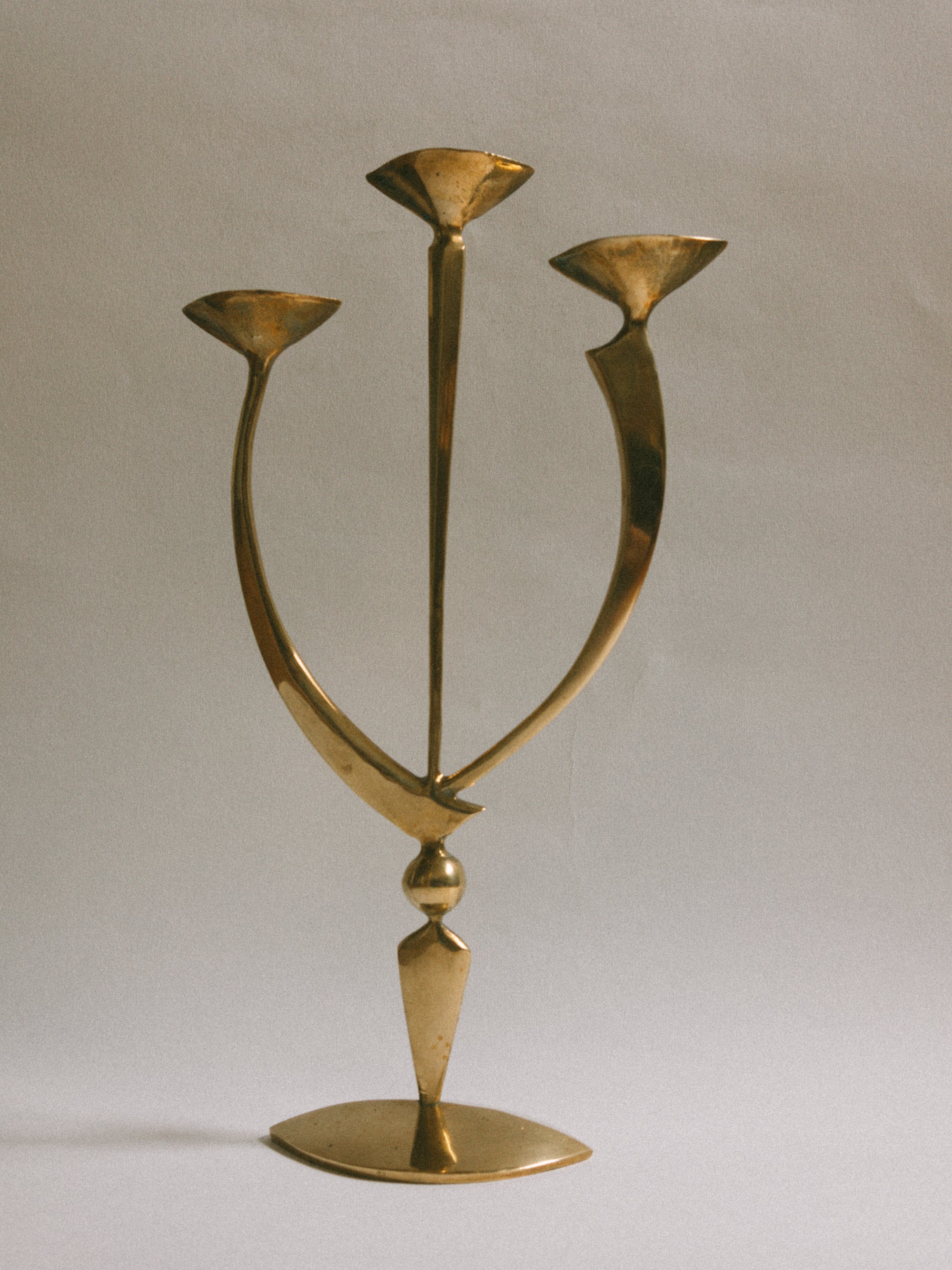 Mid-Century Brass Triple Candleholder, Germany - c. 1950s — side angle
