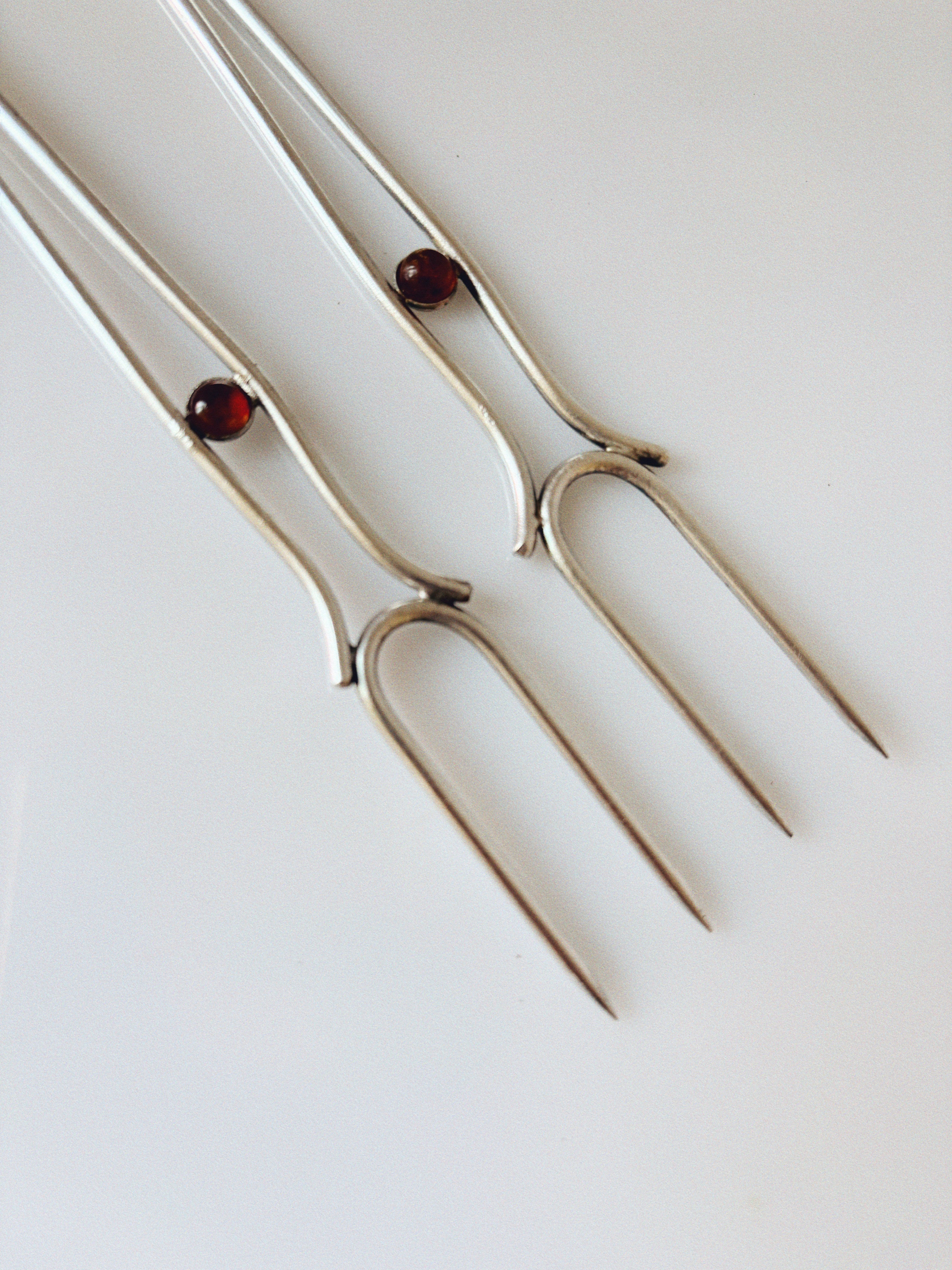 Silver Plated Serving Forks With Amber Inlay, Poland — side angle showing amber inlay detail