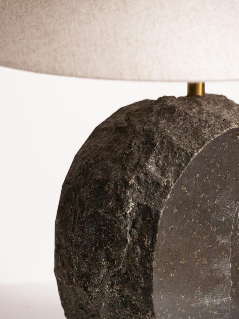 Vintage Brutalist Basalt Stone Table Lamp – 1970s Sculptural Granite Disc Light — side angle
