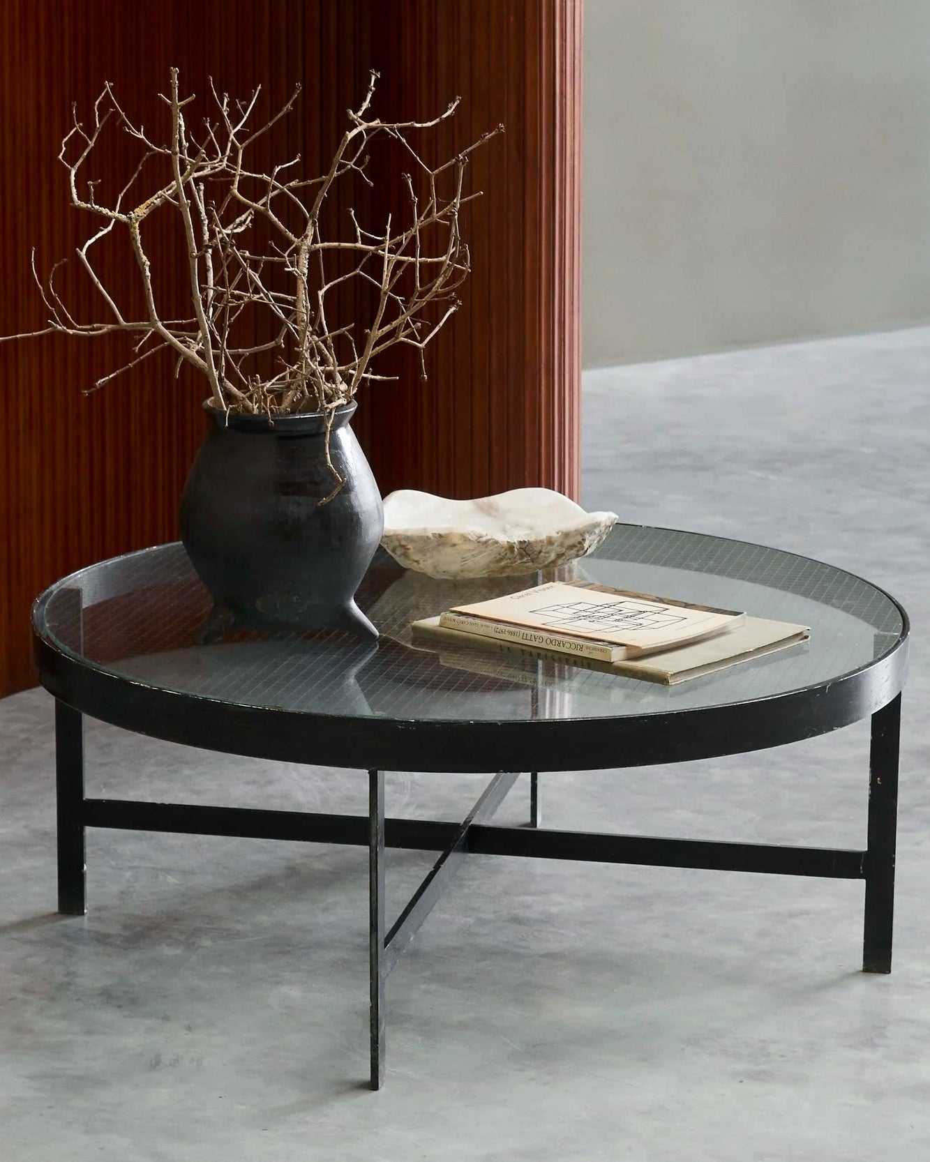 Janni van Pelt Coffee Table in Patinated Metal and Glass The Netherlands 1950s — detail view