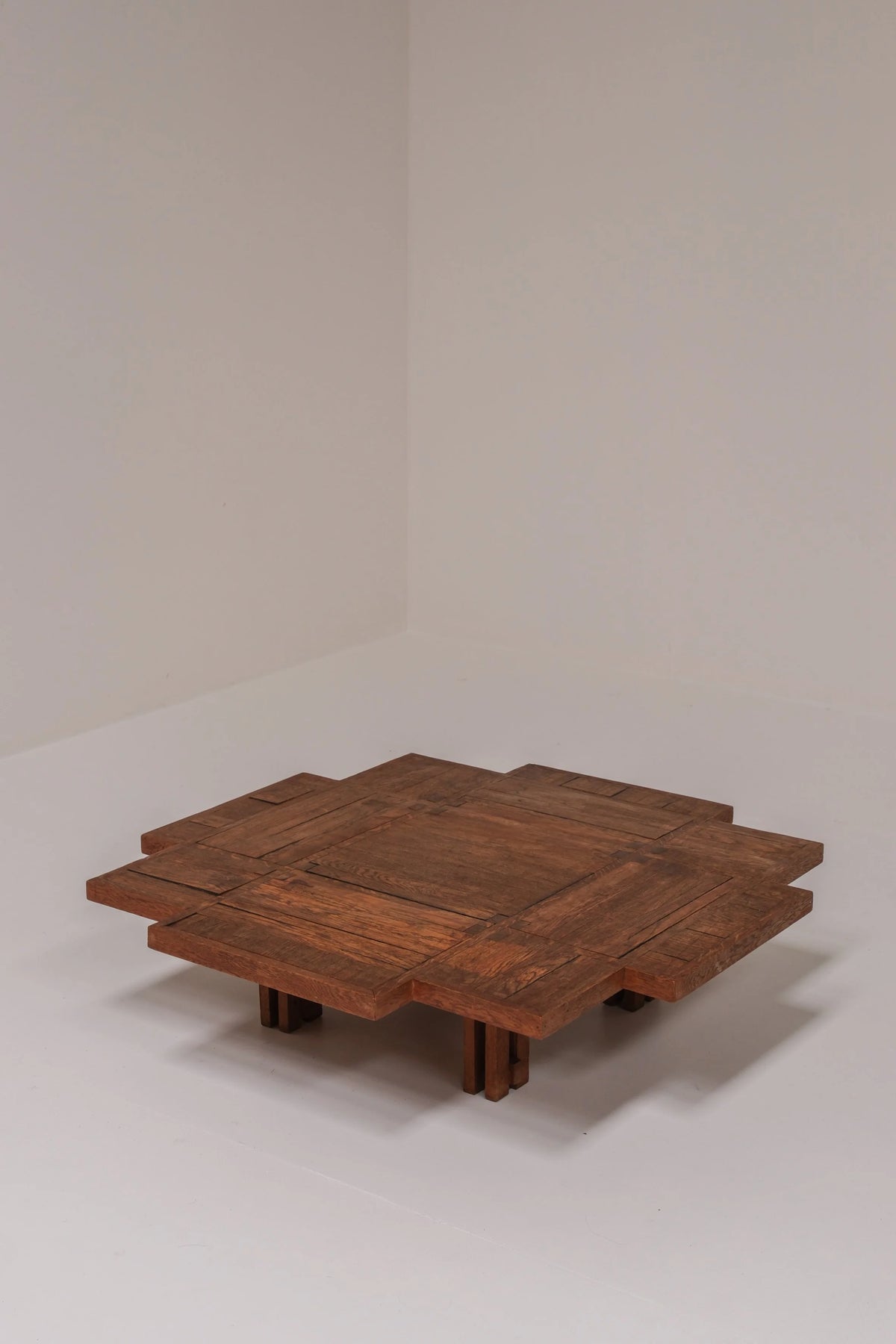 Unique Dutch Brutalist Square Oak Coffee Table, Netherlands, 20th Century — view 9