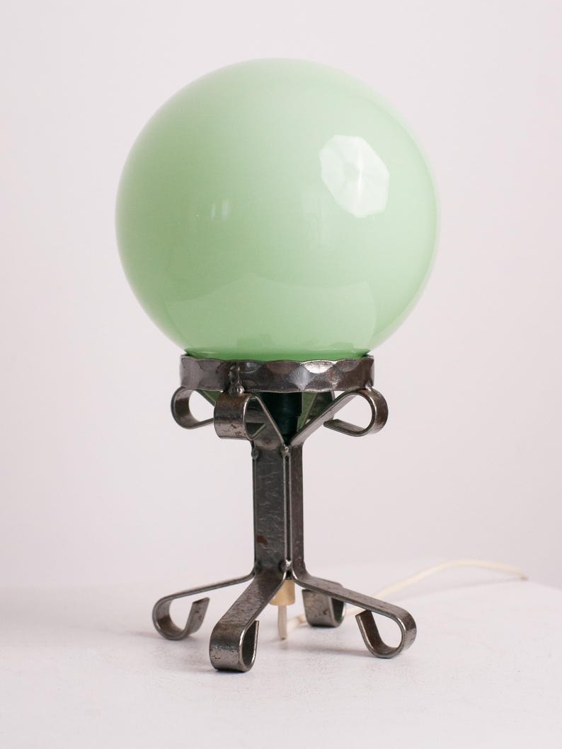 Vintage Mint Green Glass Globe Lamp – Brutalist Iron Pedestal Stand by Studio Ecubed | The Oblist