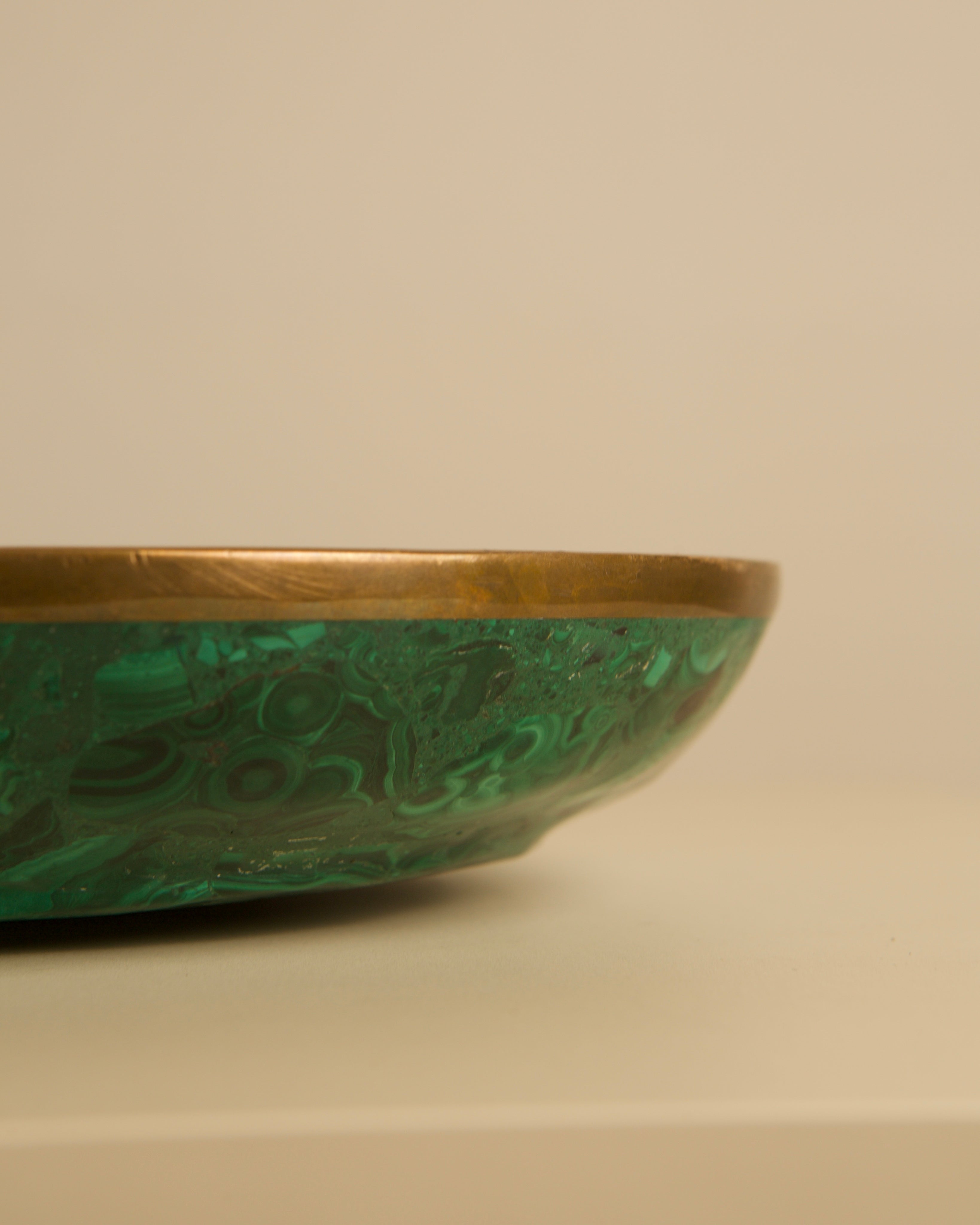 Large Italian malachite and brass bowl, 1960s — lifestyle setting