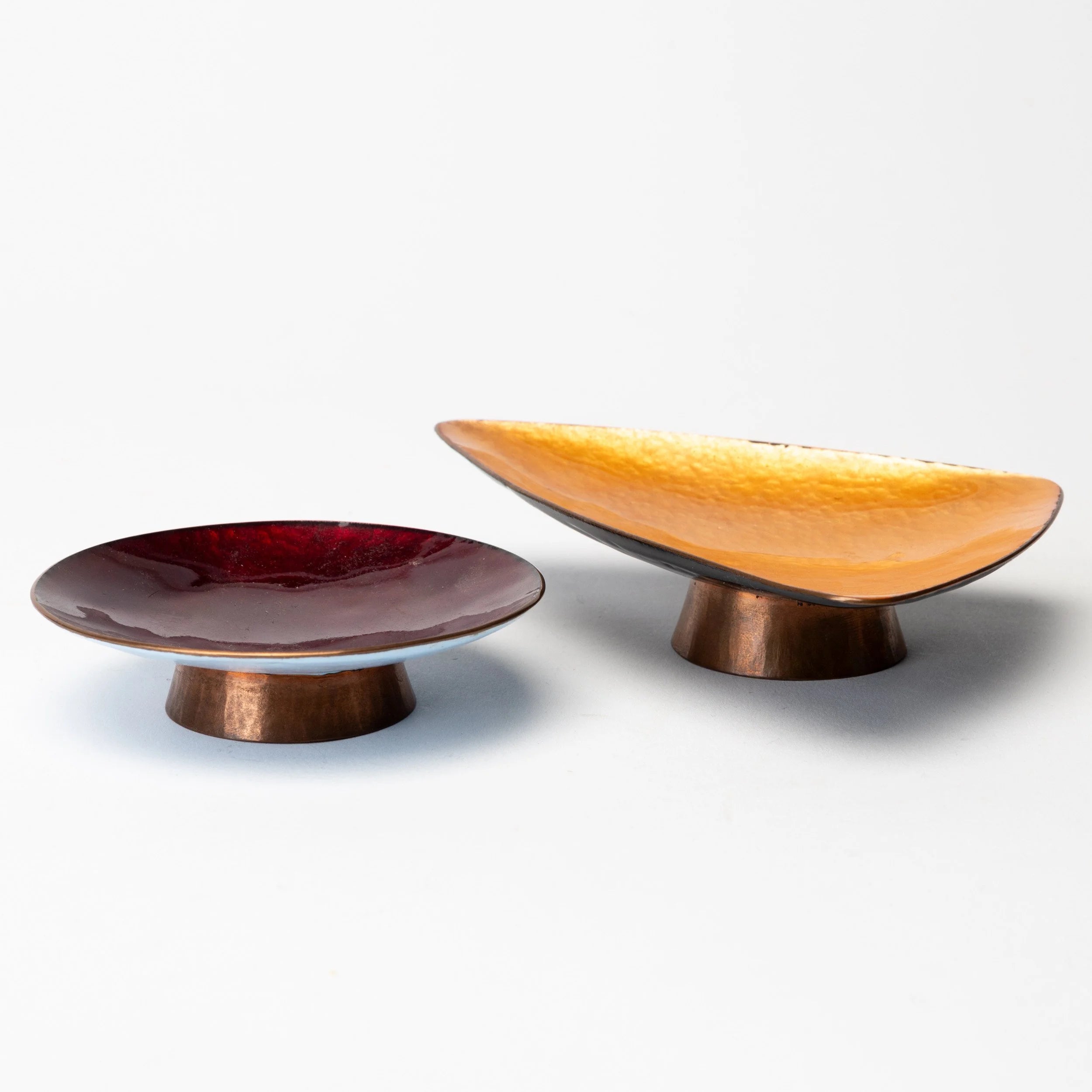 Pair of Coloured Enamelled Copper Dishes — detail view