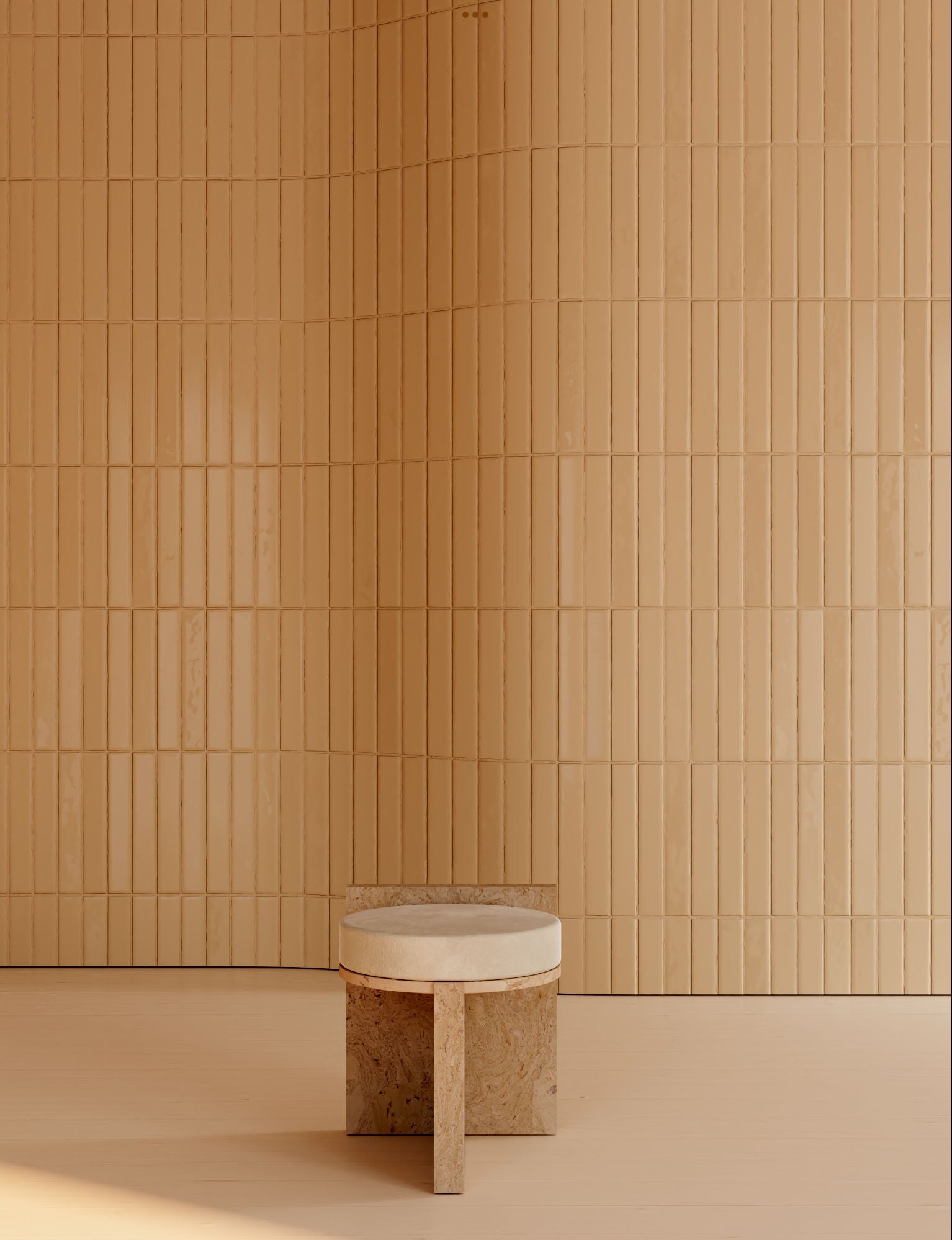 Meï 01' Stool — close-up of beige stone base against tiled wall