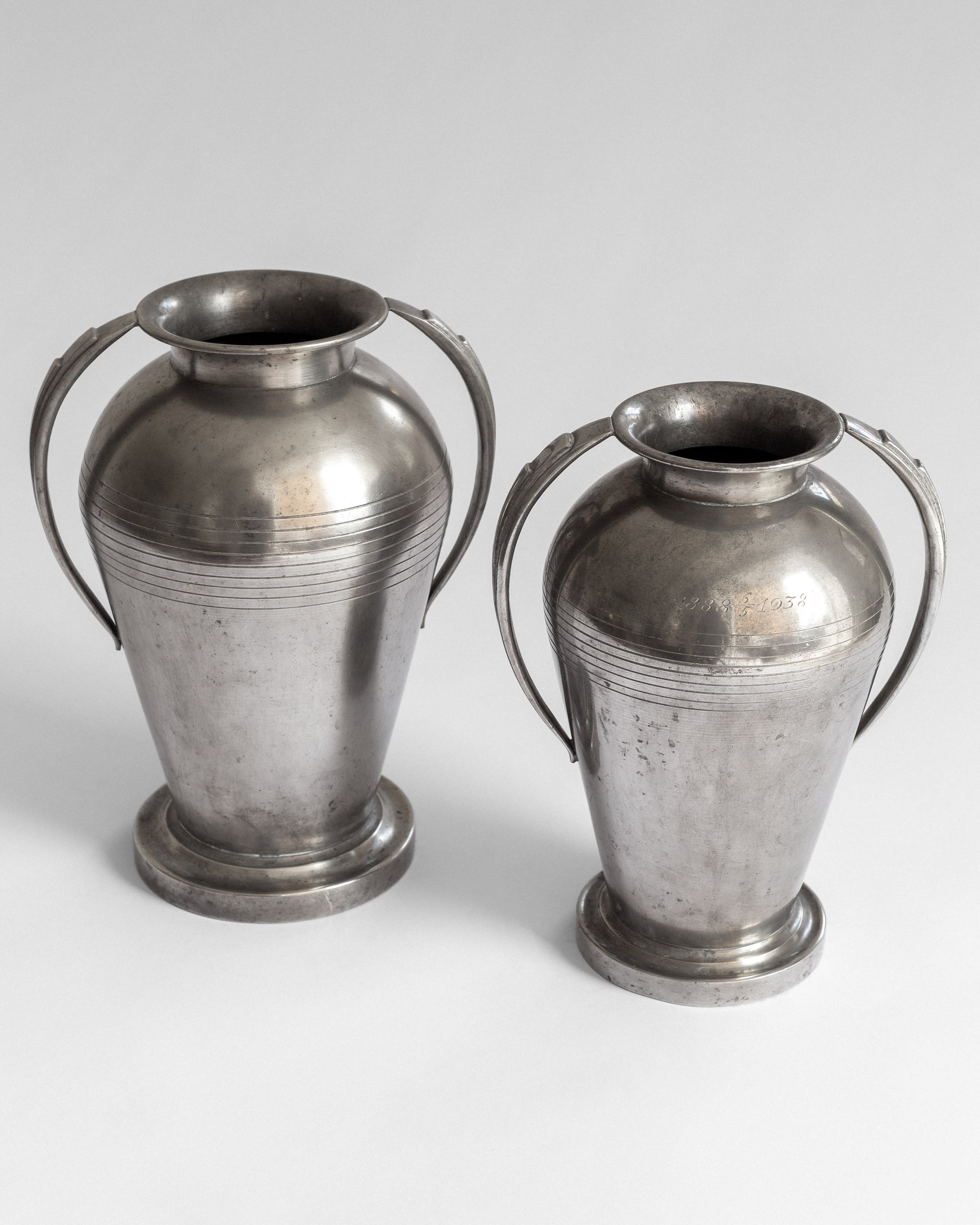 Monumental Art Deco Pewter Vases by GAB, Sweden, 1930s — side angle