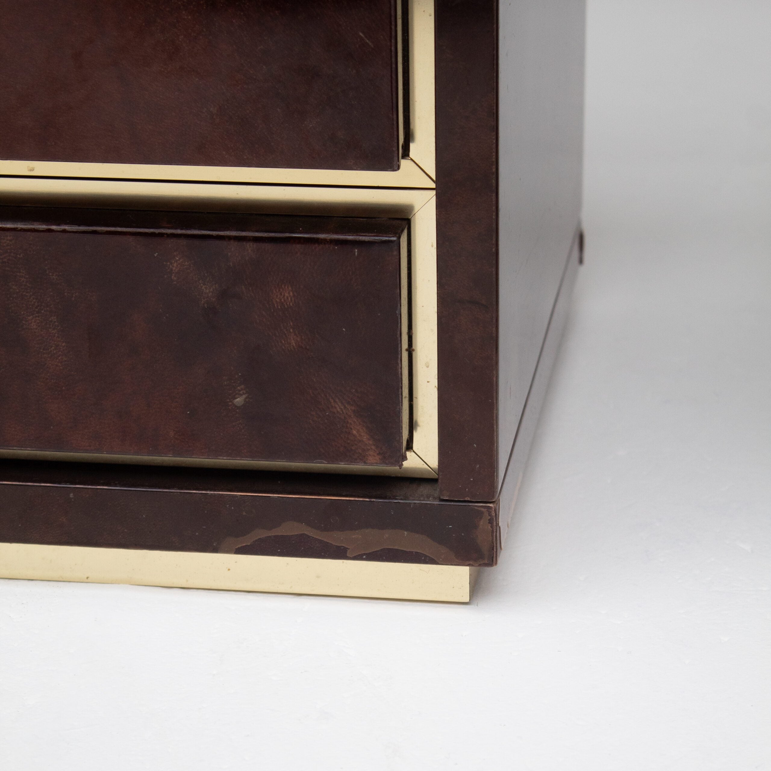 Pair of Aldo Tura (attr) Nightstands in Parchment and Brass — back view highlighting brass trim details