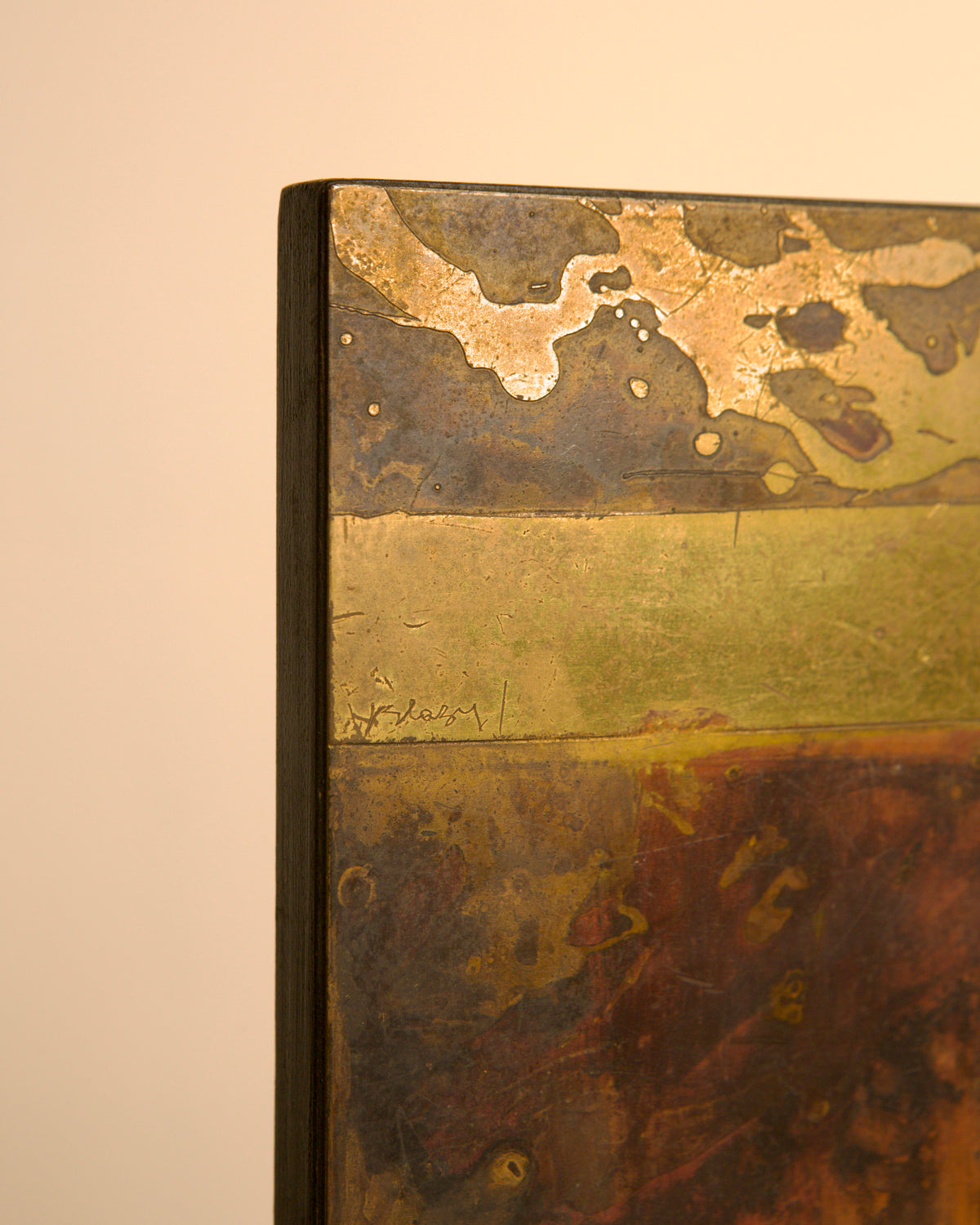 Black-stained wooden box with engraved brass lid by Jean Blazy, 1960s — in context