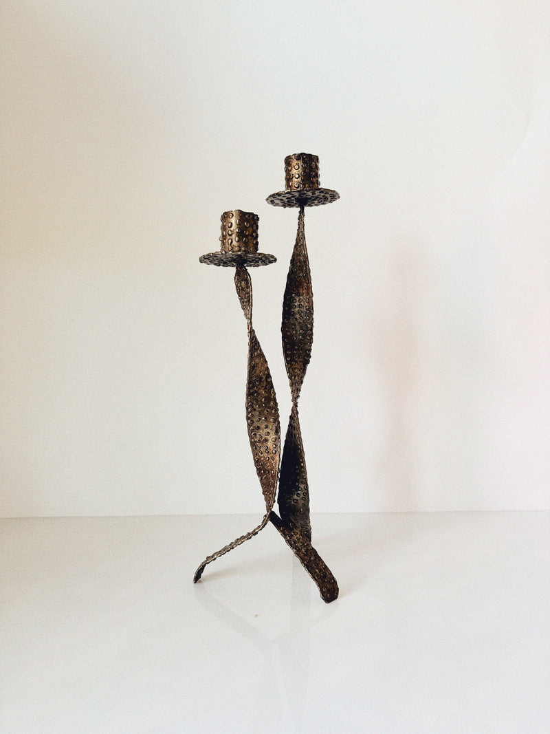 Textured Metal 2 Arm Candlestick, Poland — close-up of hammered metal finish