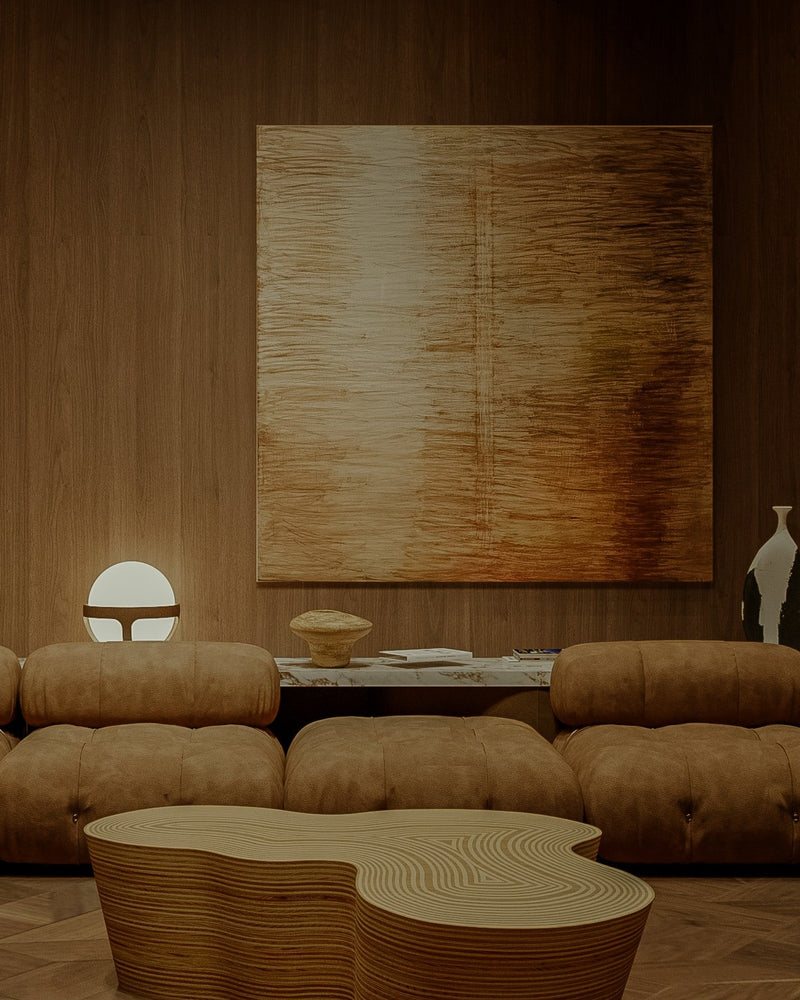 Palimpsest — close-up of textured painting in modern living room