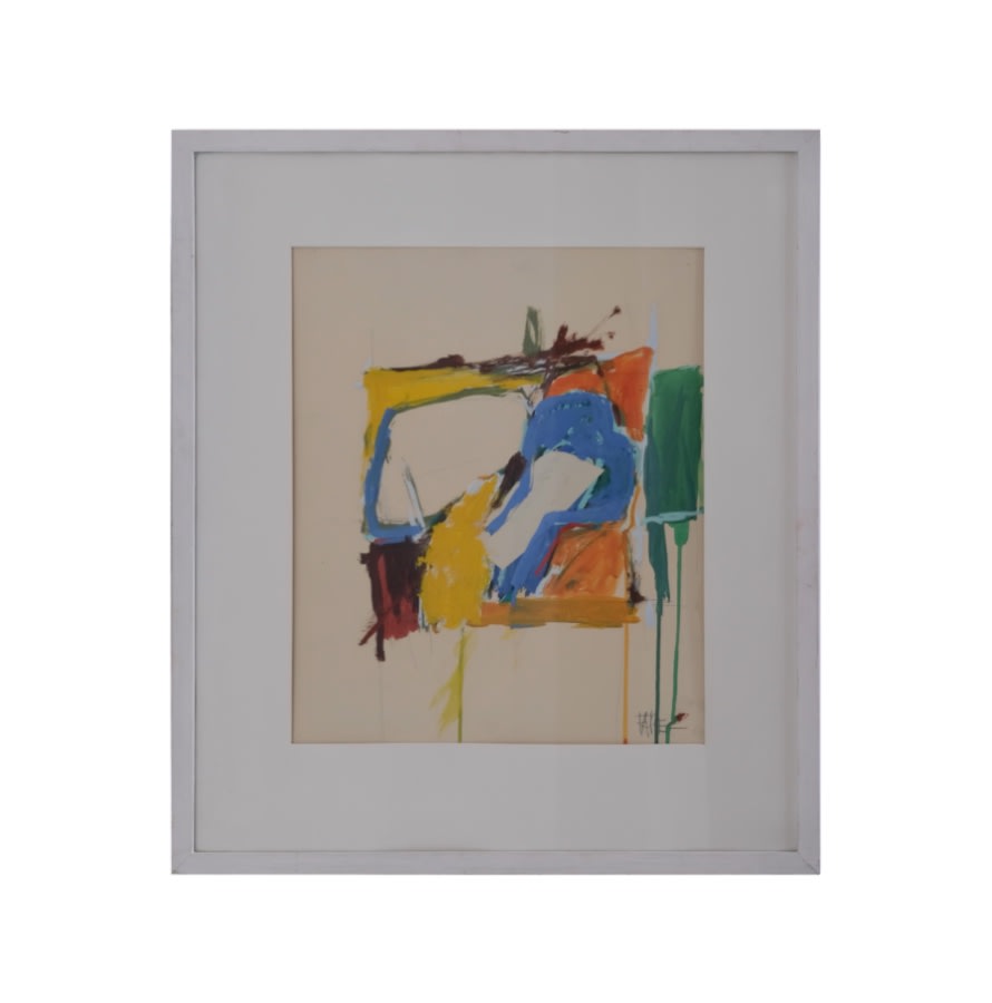 Leopold Fare Abstract Composition Painting | 1960s — front view in white frame