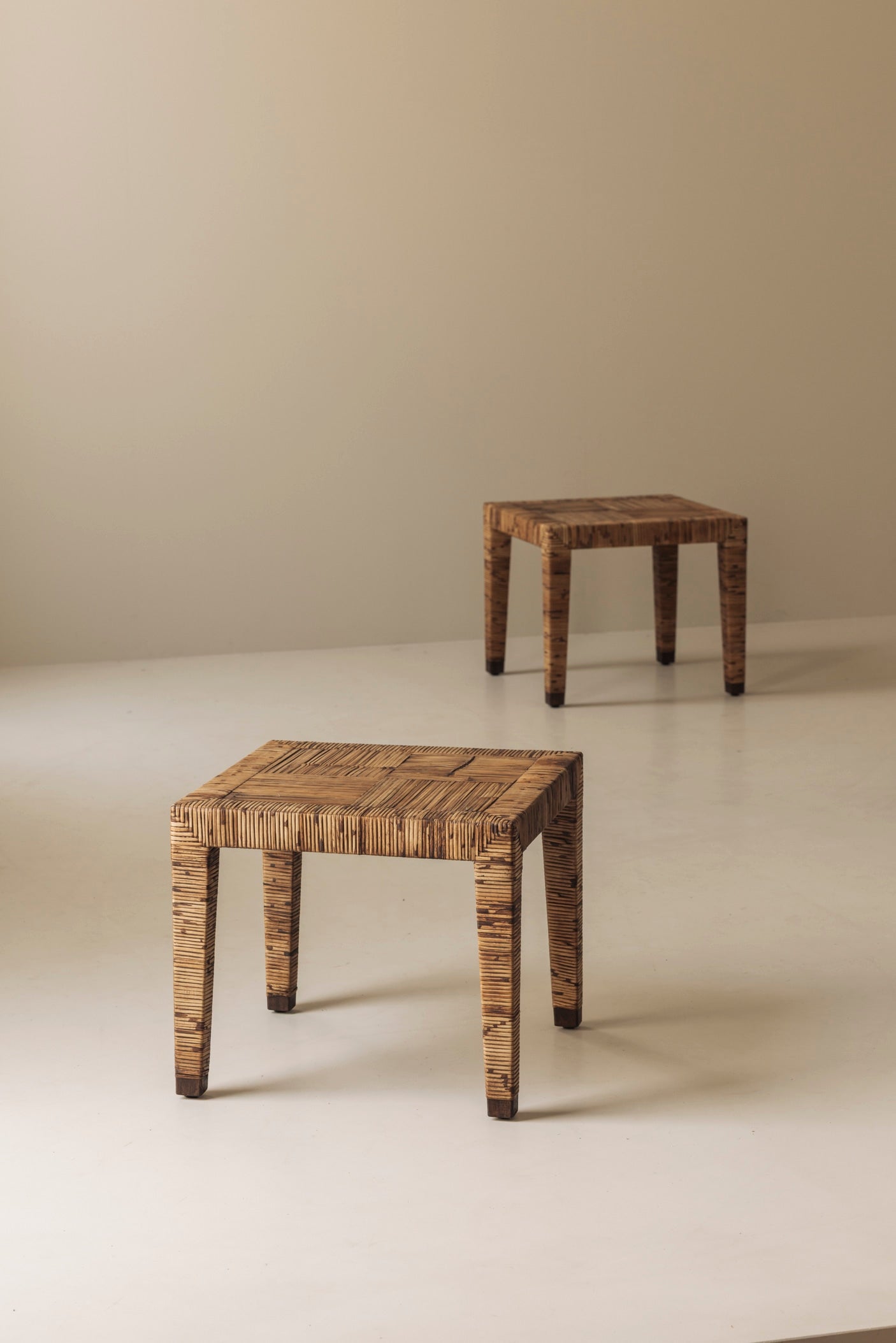 Exceptional French Rattan Wrapped Side Tables, 1970s — Pair — close-up