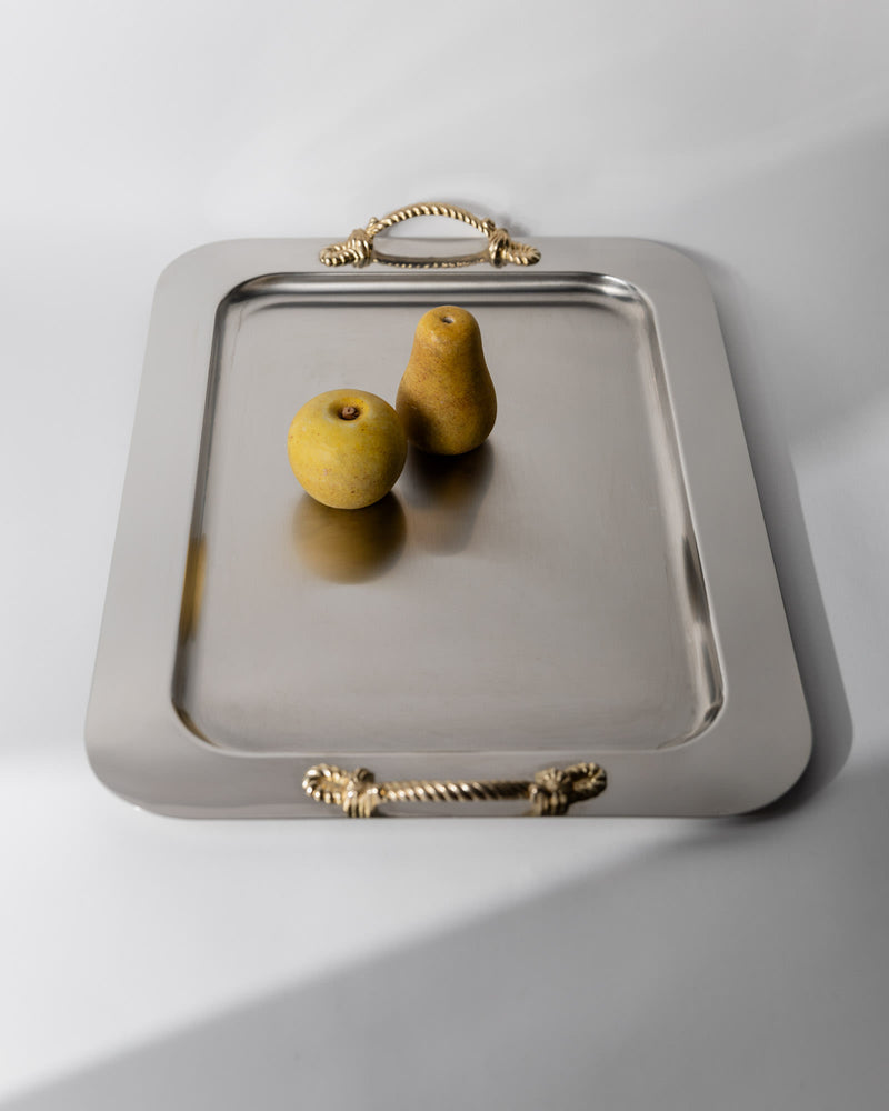 Vintage 1980s Stainless Steel Tray, Gold Rope Handles by Inoxpran Italy | The Oblist — stainless steel, gold accents