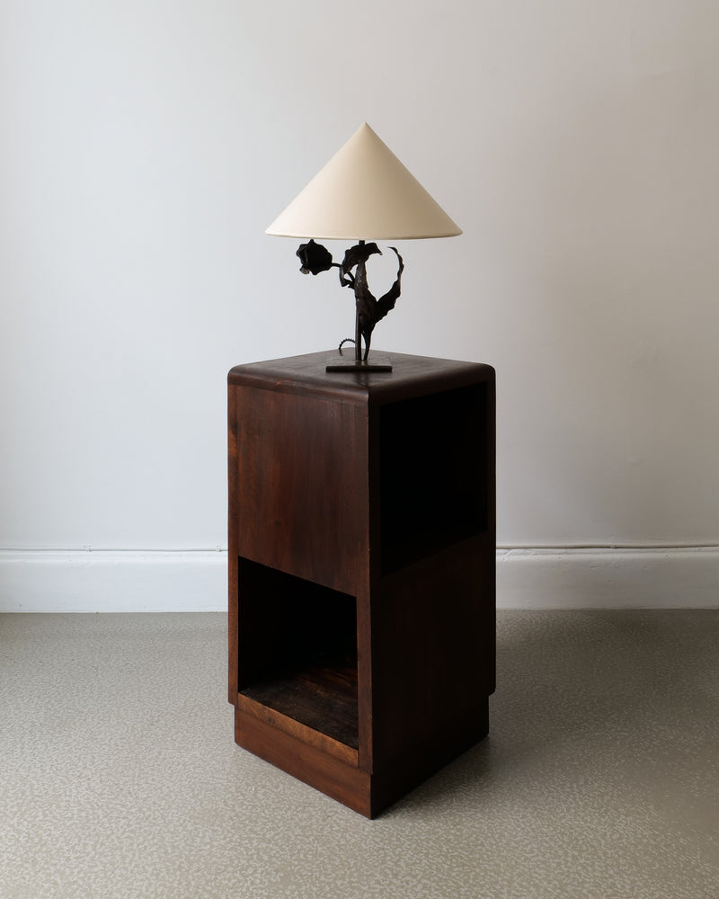 Art Deco walnut side table with lamp, 1930s vintage furniture