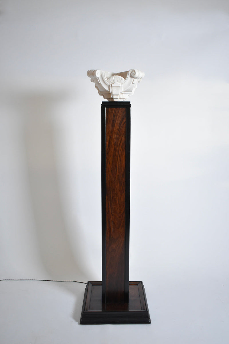 Wood and Plaster Floor Lamp, 1930s — close-up of white plaster detail on wooden base