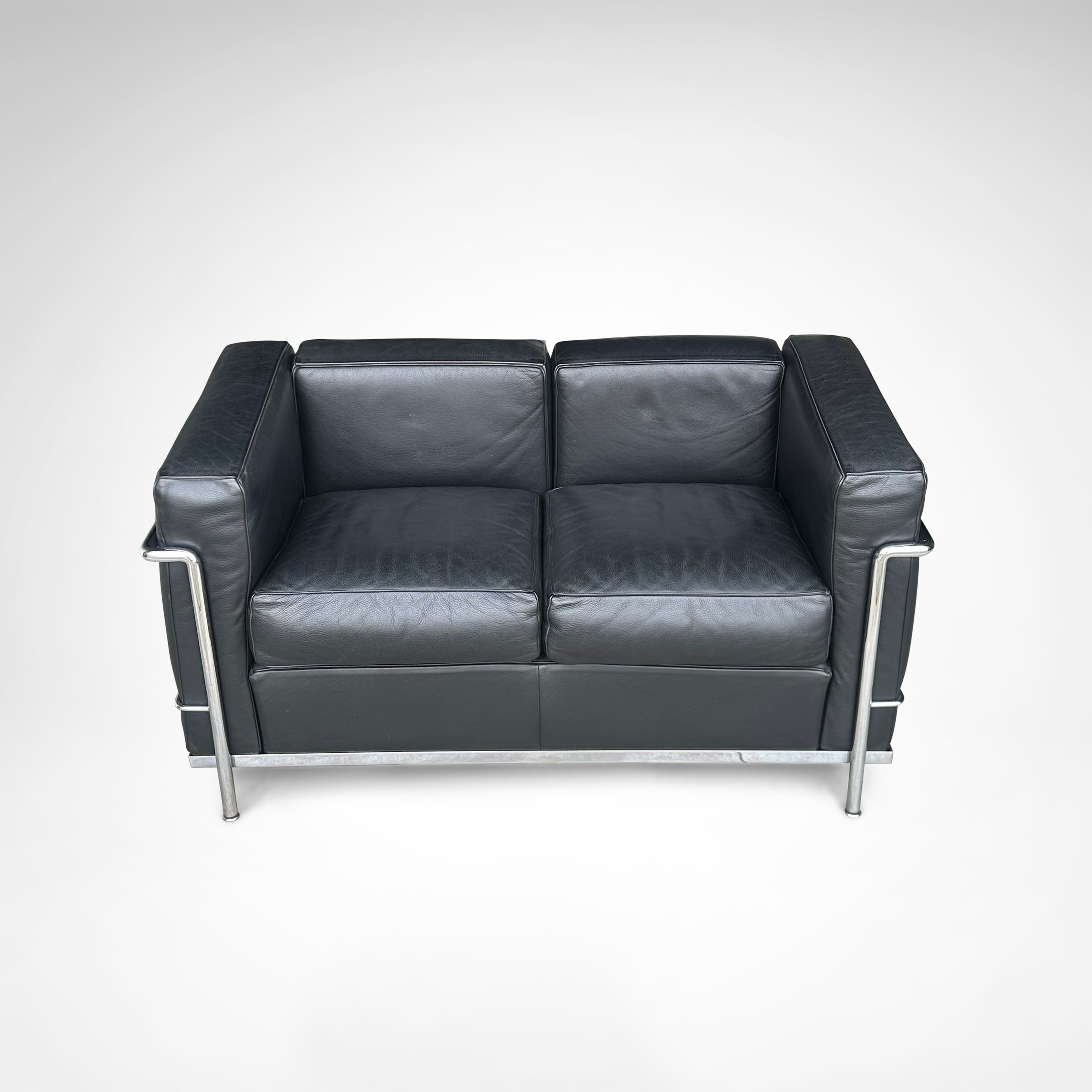 LC2 2-seater sofa by Le Corbusier et al. for Cassina 1990s — top view of black leather upholstery