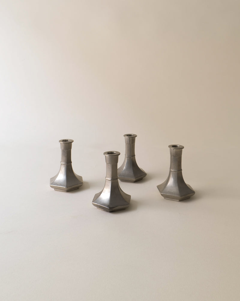 Four vintage pewter candleholders 1930s Danish design arrangement