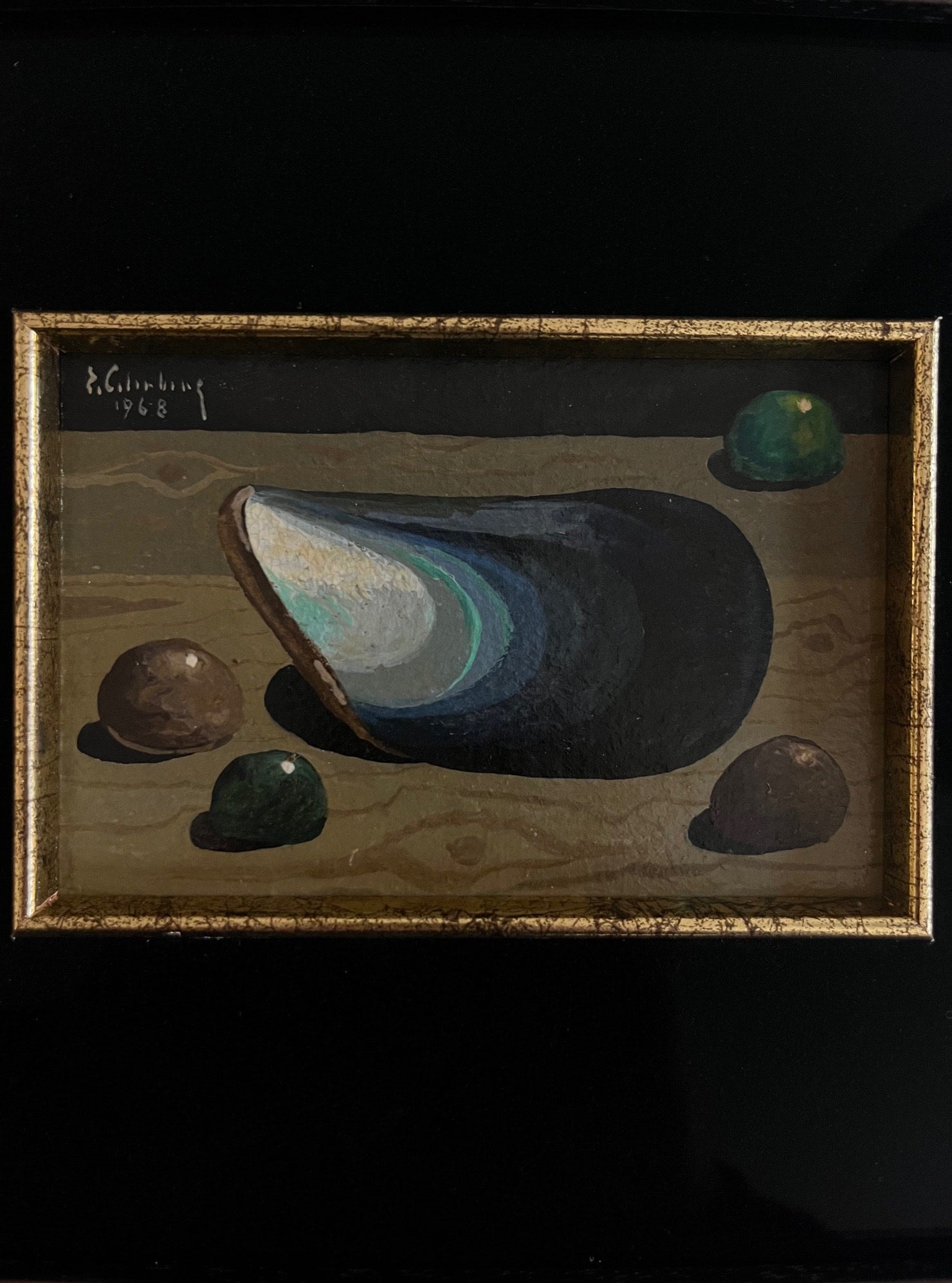 Still Life with Blue Mussel and Stones, 1968 — close-up of mussel shell on wooden surface
