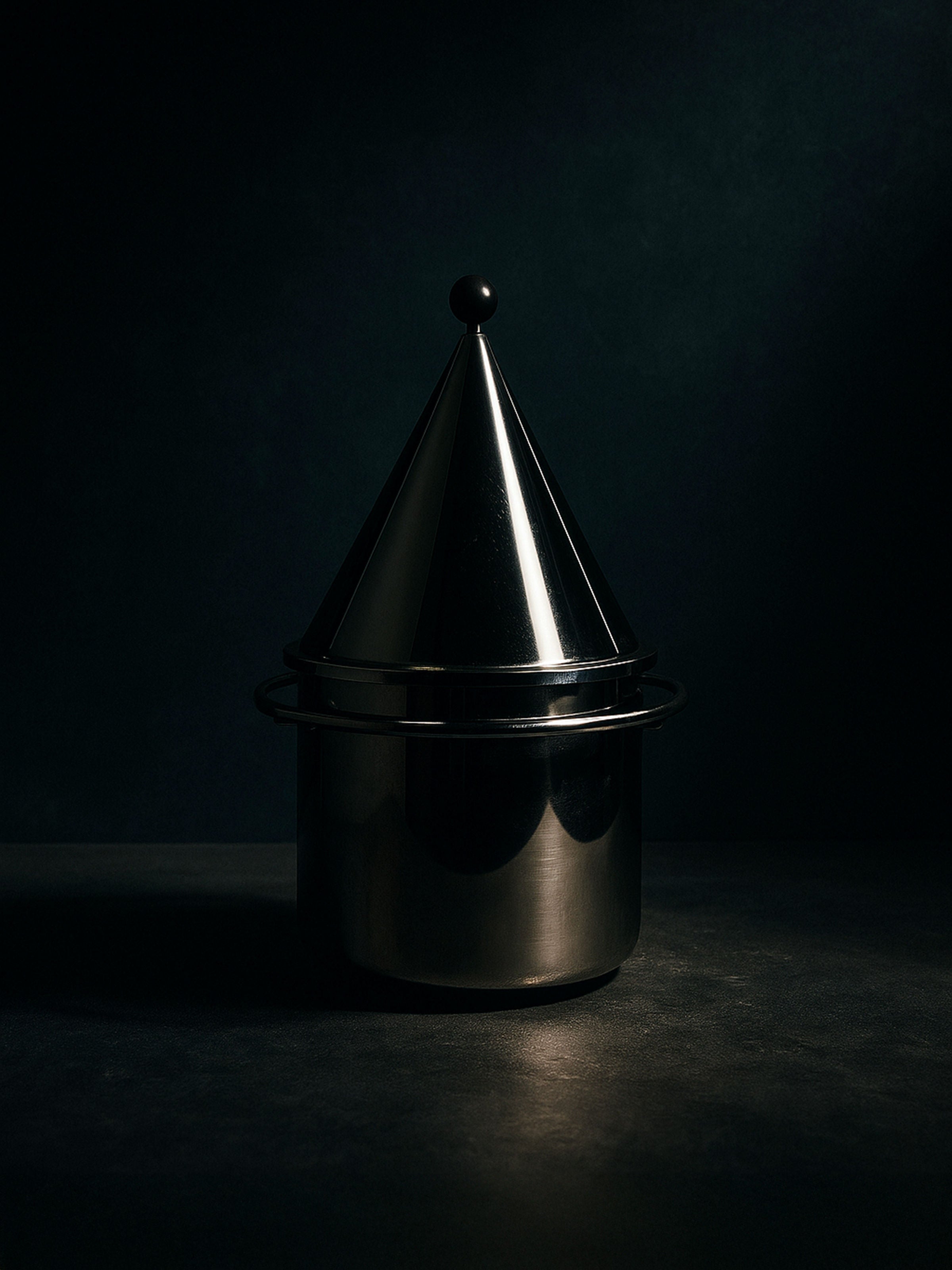 Postmodern stainless steel ice bucket with conical lid detail