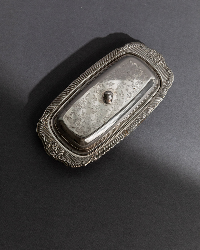 Vintage 1970s Silver Plated Butter Dish by Bottega Jacobs | The Oblist — engraved ornamental design