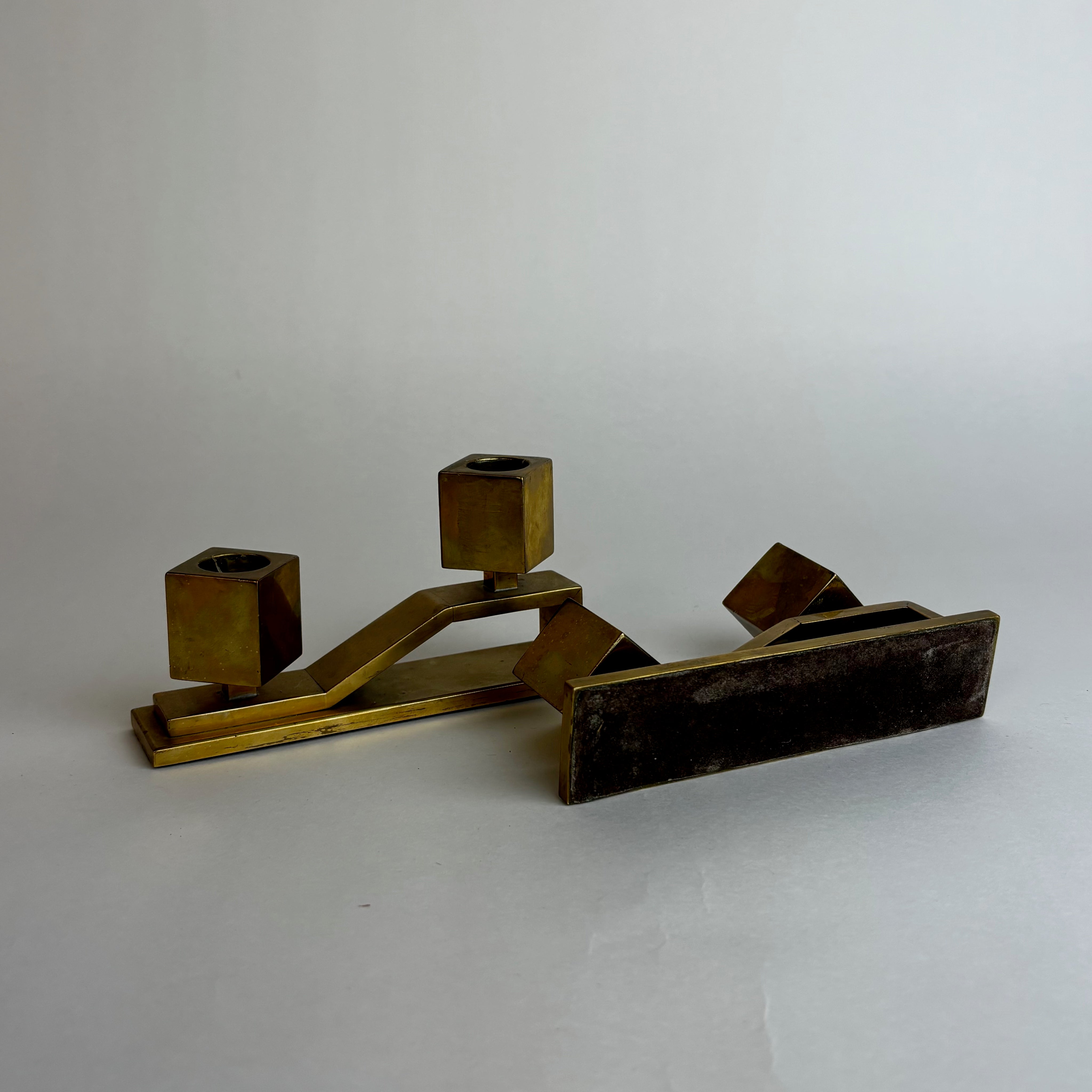 Solid Brass Geometric Candelabra Pair — detail view