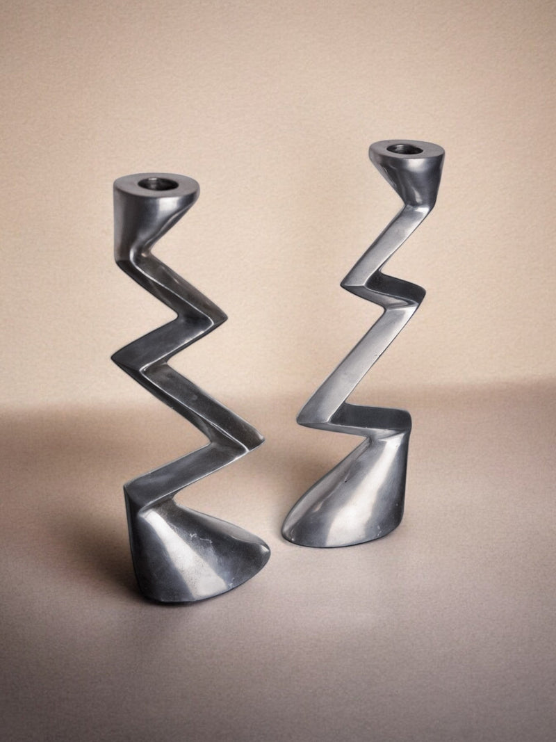 Pair of Zigzag Candleholders, 1980s — close-up of polished metal finish
