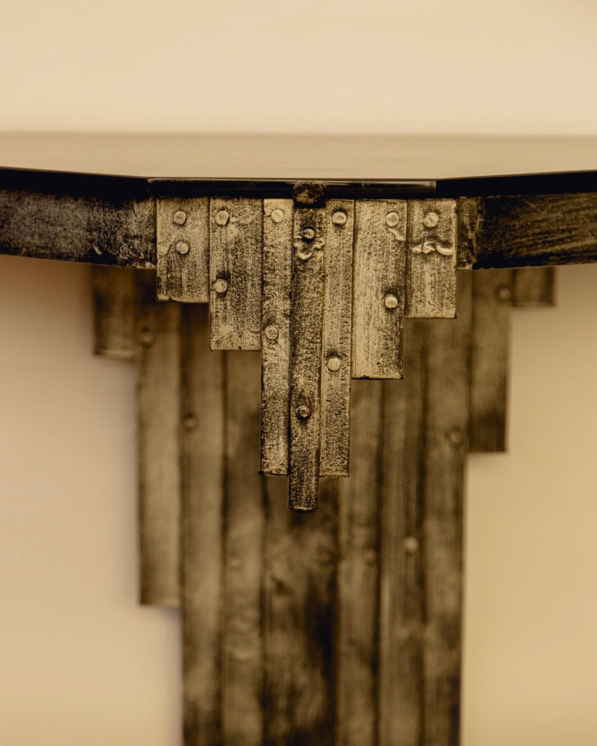 Sculptural Console Table — back view highlighting textured metal details