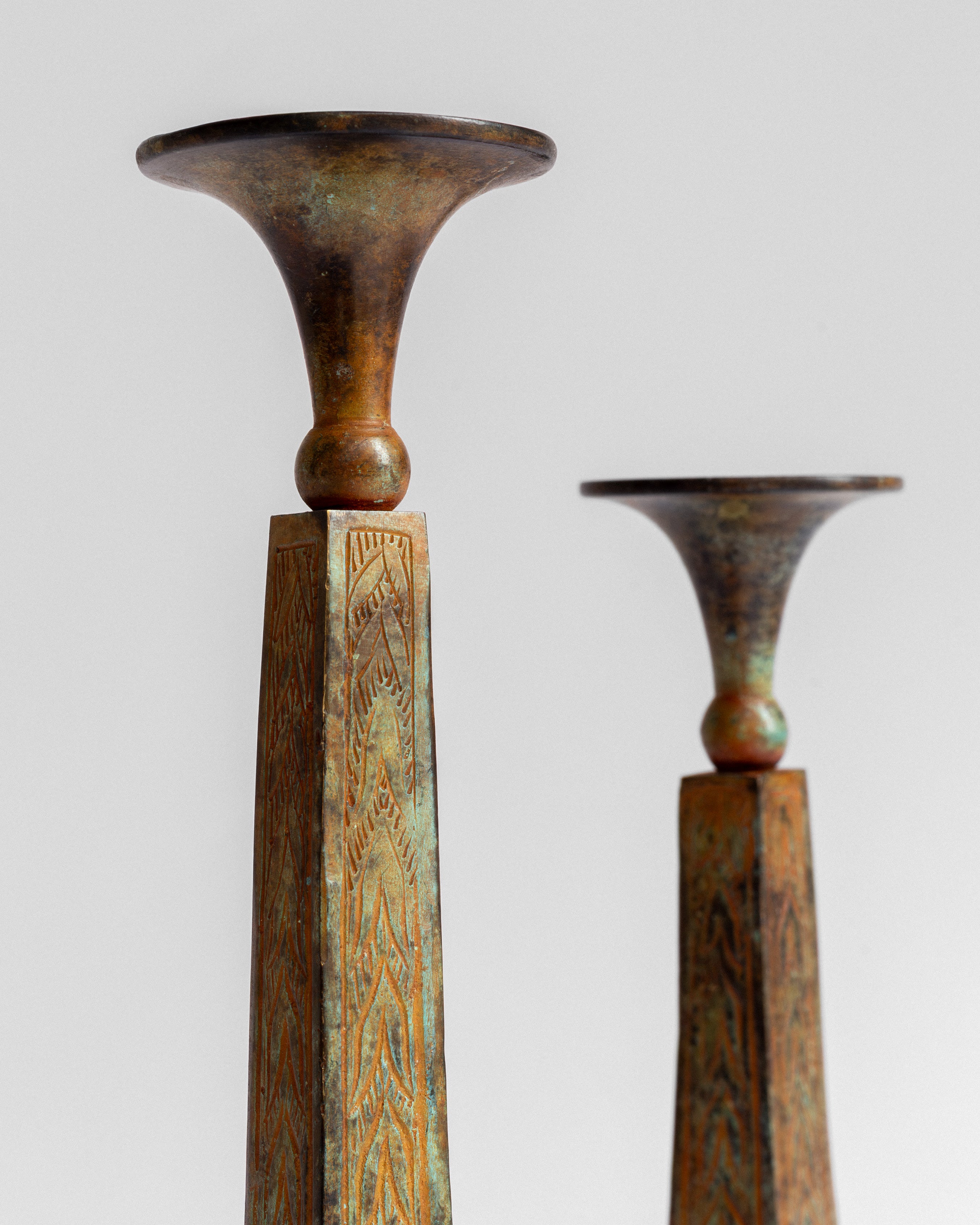 Pair of Sculptural Bronze Candlesticks/Vases with Patina — close-up