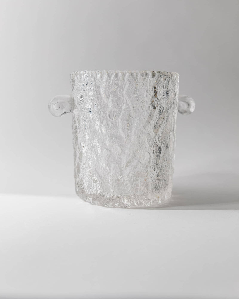 1970s Glass Ice Bucket — close-up of textured clear glass surface