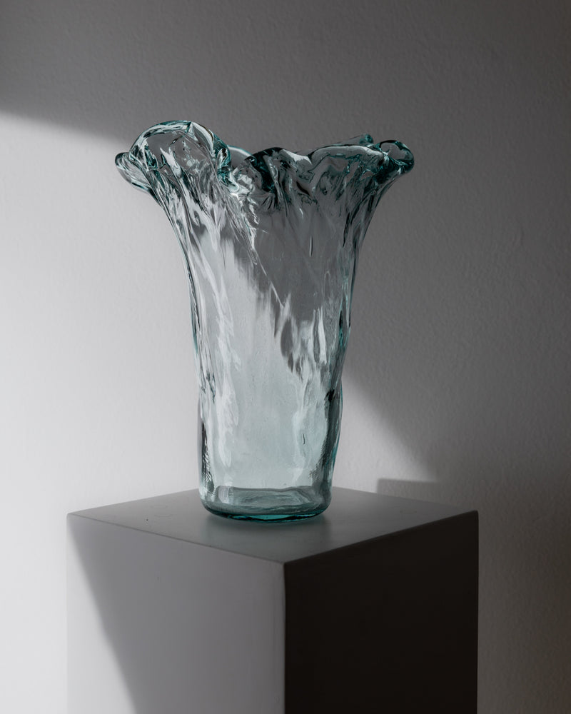 Translucent aqua Murano glass vase with ruffled rim, 1970s vintage