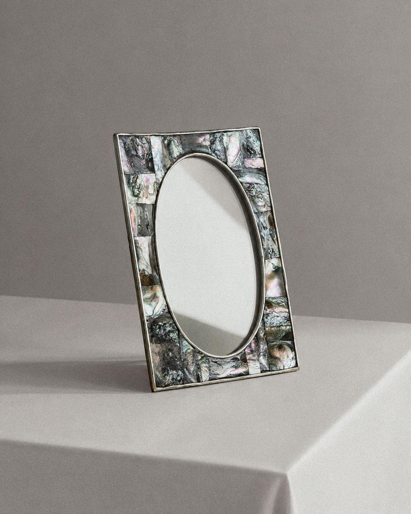Vintage 1950s Alpaca Silver Picture Frame, Mother of Pearl Details with Oval Photo Opening, Elegant Table Accent, Timeless Gift Idea by Bottega Jacobs