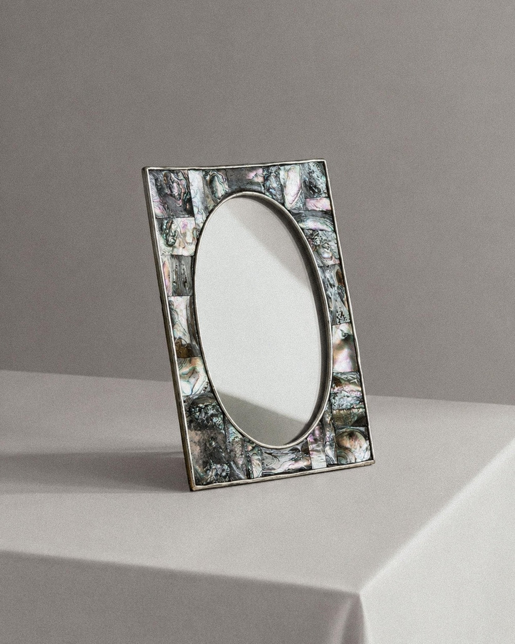 Vintage 1950s Alpaca Silver Picture Frame, Mother of Pearl Details with Oval Photo Opening, Elegant Table Accent, Timeless Gift Idea by Bottega Jacobs