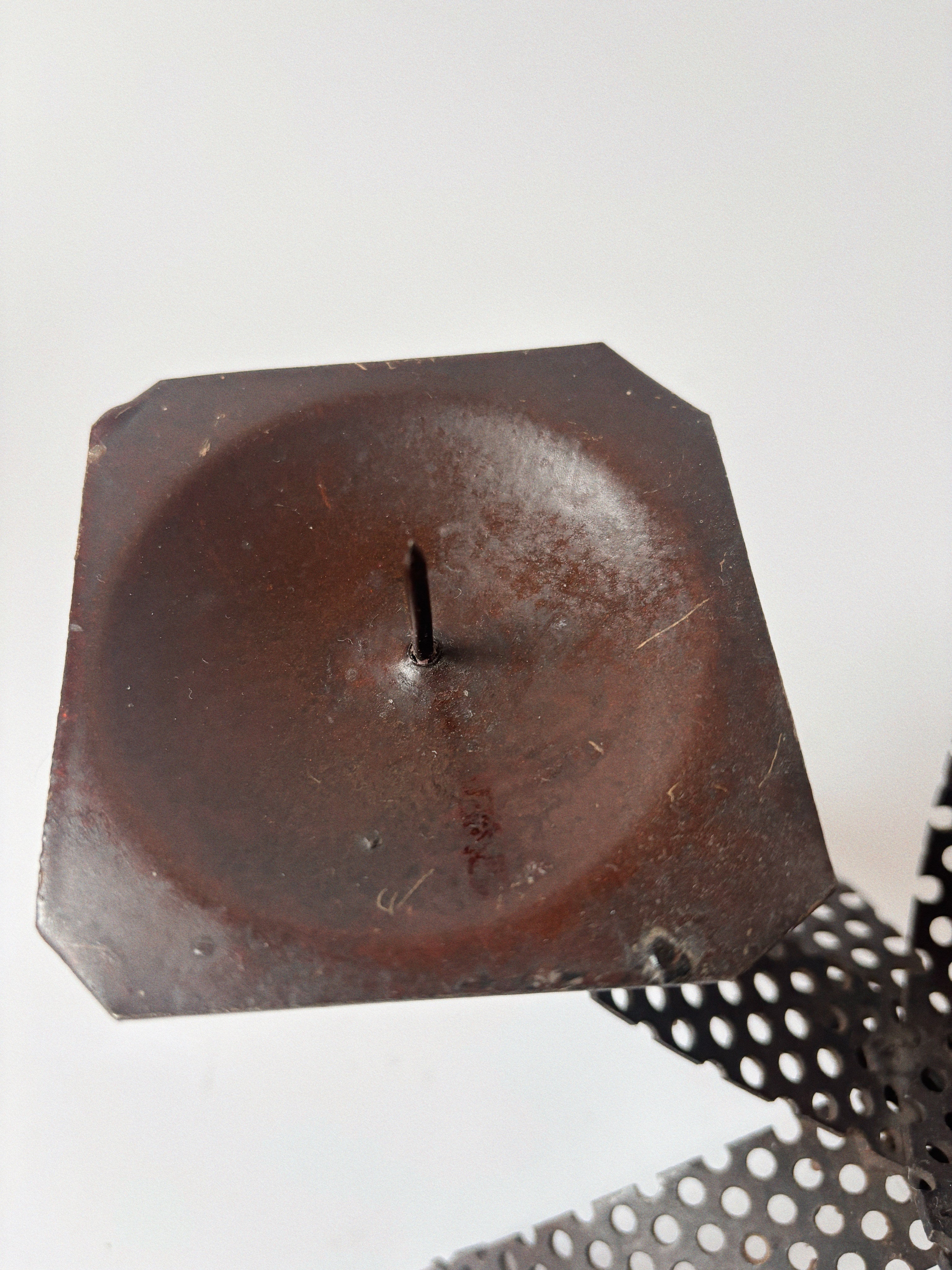 Handmade Metal 3 Arm Candleholder, Poland — back view of octagonal base