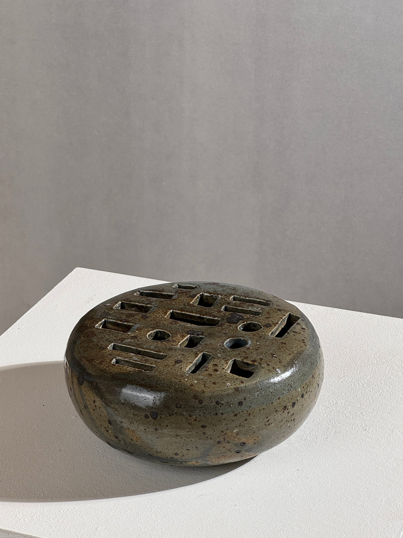 Vintage stoneware flower frog vase with geometric cutouts, France 1960s